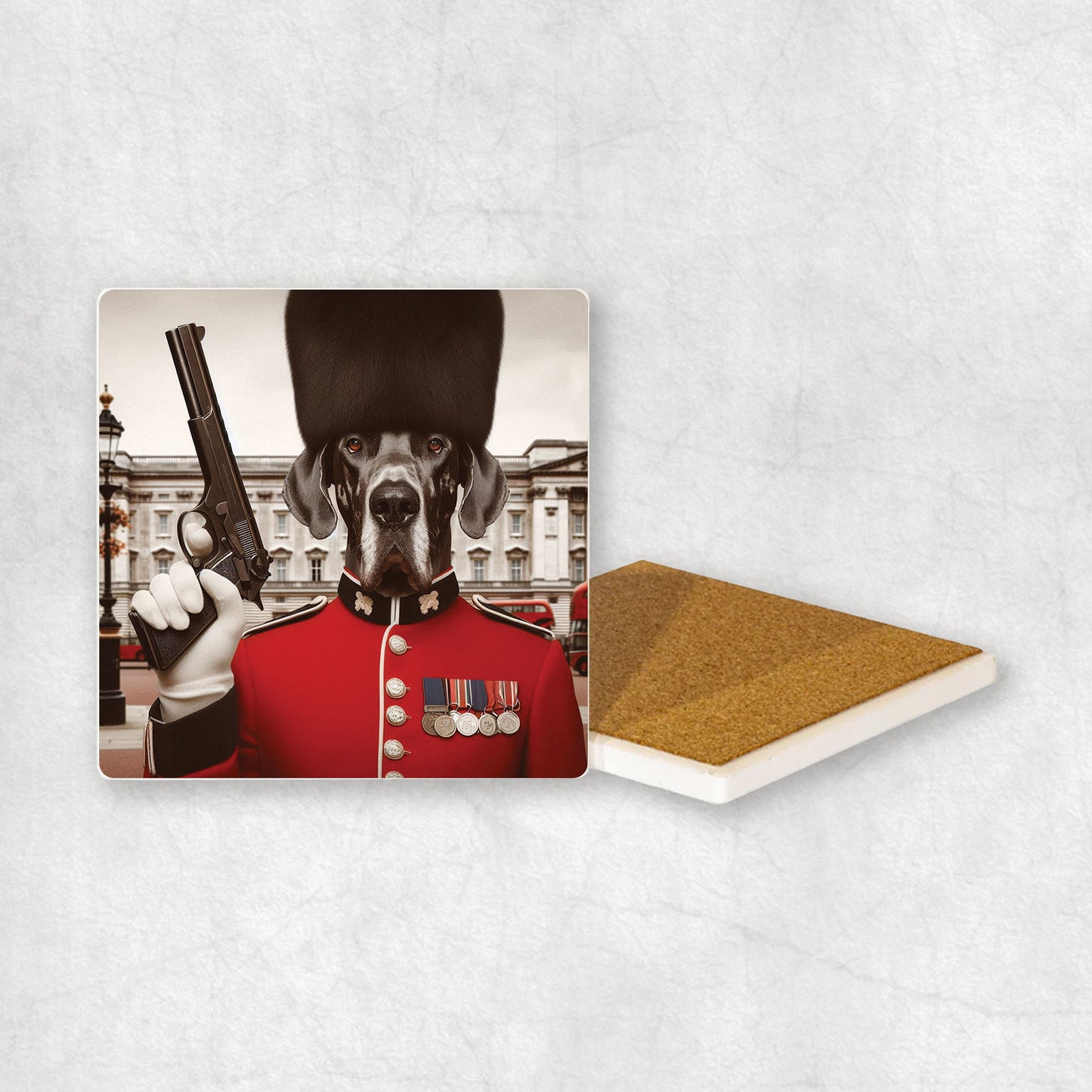 Ceramic Coaster gift with a Great Dane dog design, wearing British guard costume, holding a gun in its paws, with Buckingham Palace in the background.