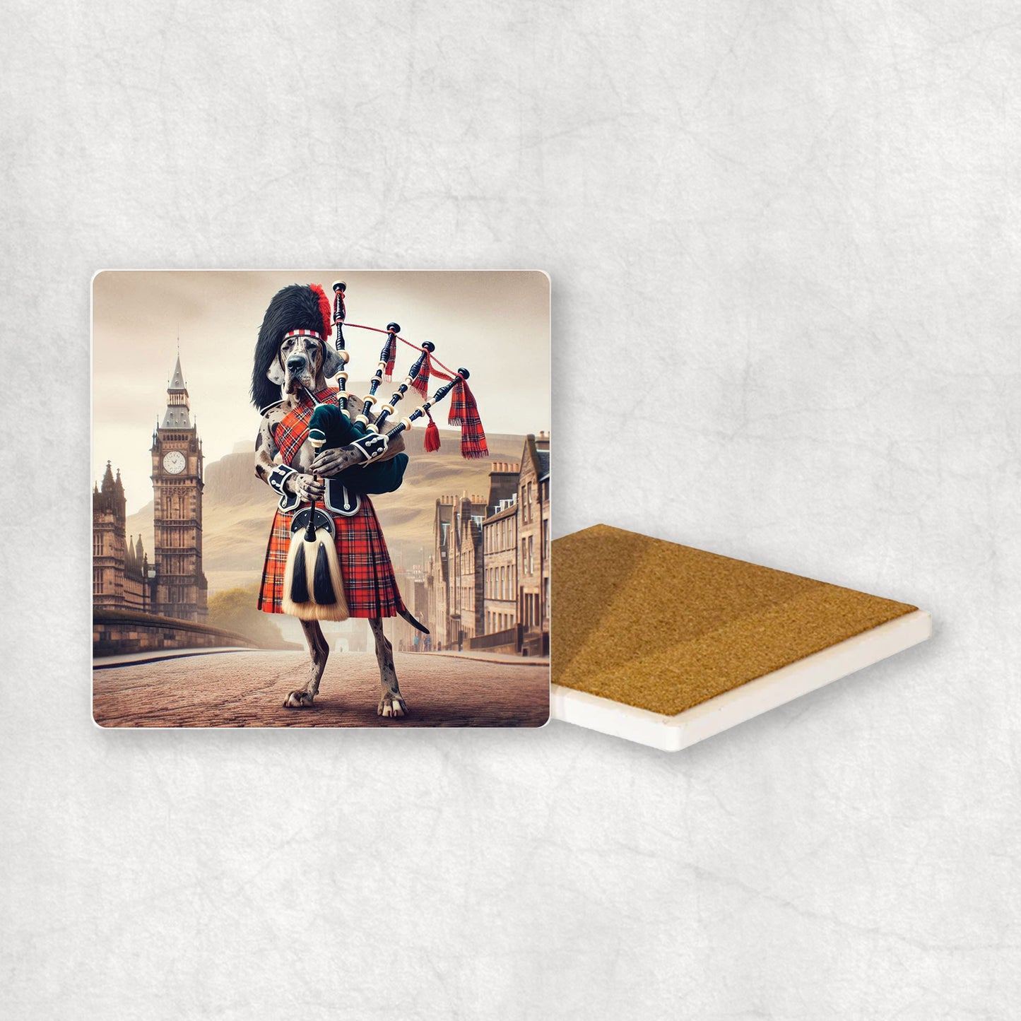 Ceramic Coaster gift with a Great Dane dog design, dressed in traditional Scottish costume, playing the bagpipes, with Edinburgh in the background.