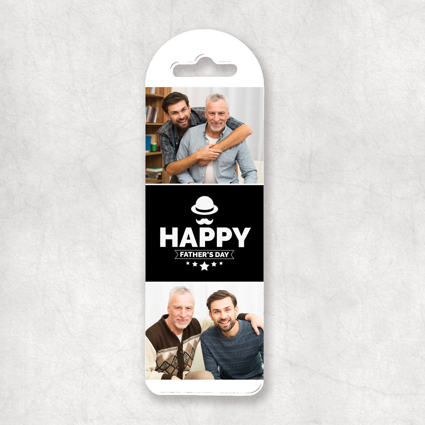 A personalised photo collage bookmark with a 'Happy Father's Day' greeting, featuring two personalised photos.