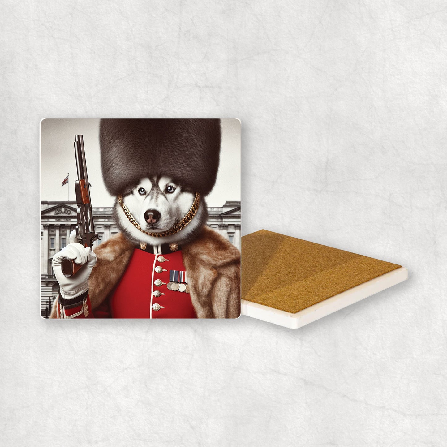 Ceramic Coaster gift with a Husky dog design, wearing British guard costume, holding a gun, with Buckingham Palace in the background.