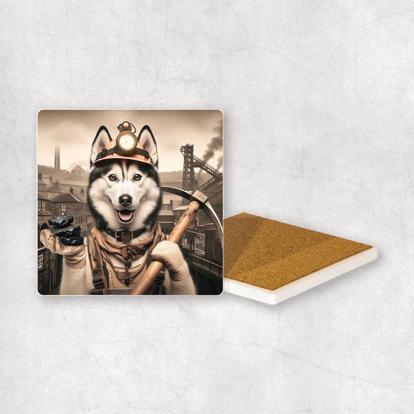 Ceramic Coaster gift with a Husky dog design, dressed like a miner with a pickaxe and coal in its paws, with a mine in the background.