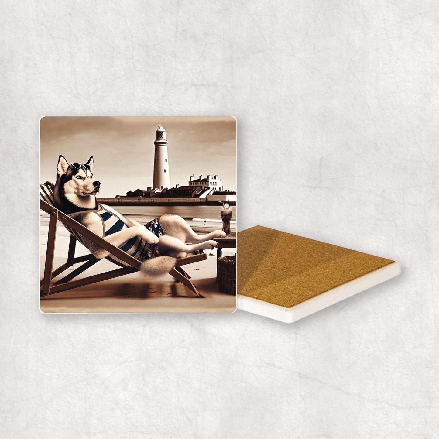 Ceramic Coaster gift with a Husky dog design, wearing shorts, relaxes on a beach lounger at Whitley Bay with a lighthouse in the background.