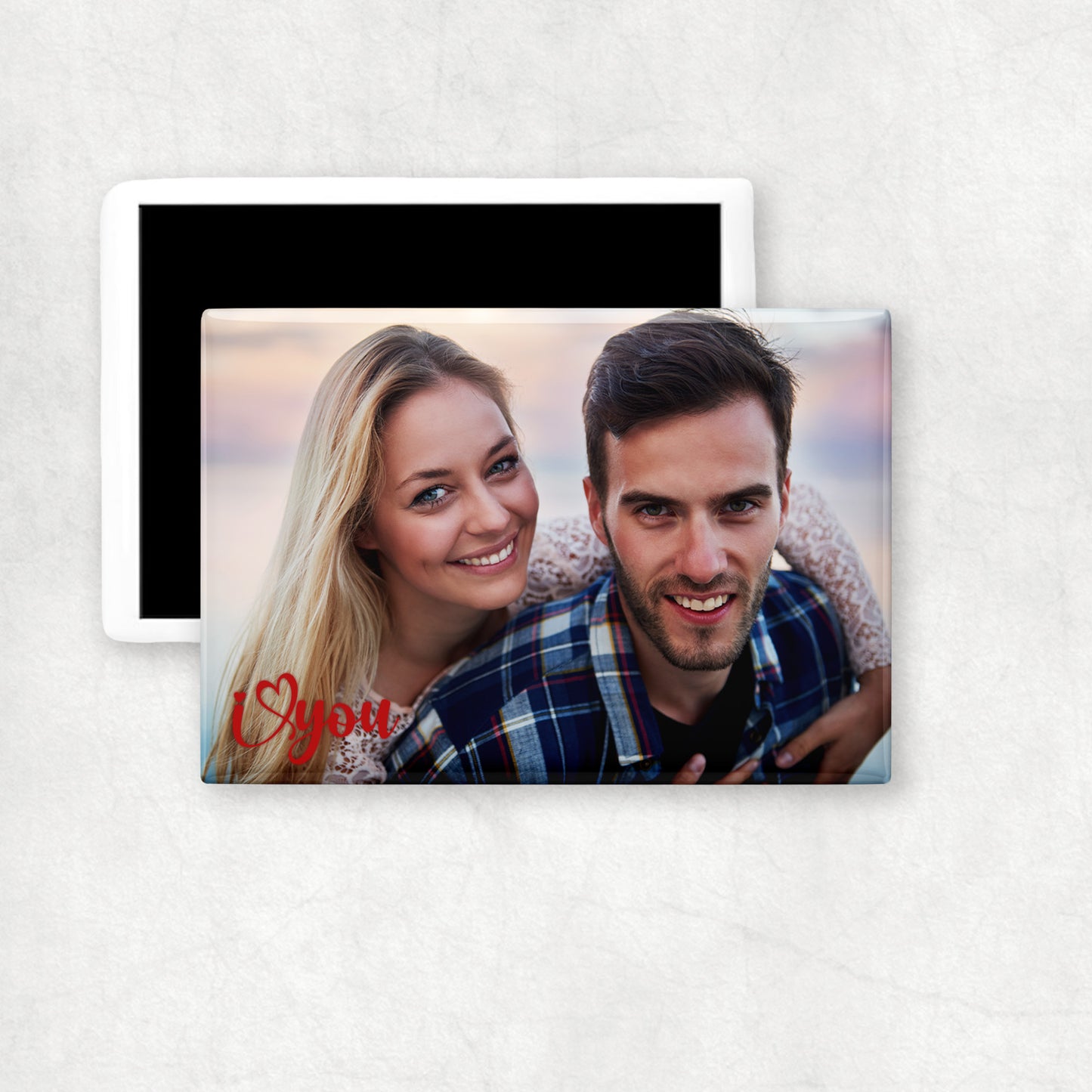 A horizontal ceramic magnet with personalised photo and 'I love you' text.