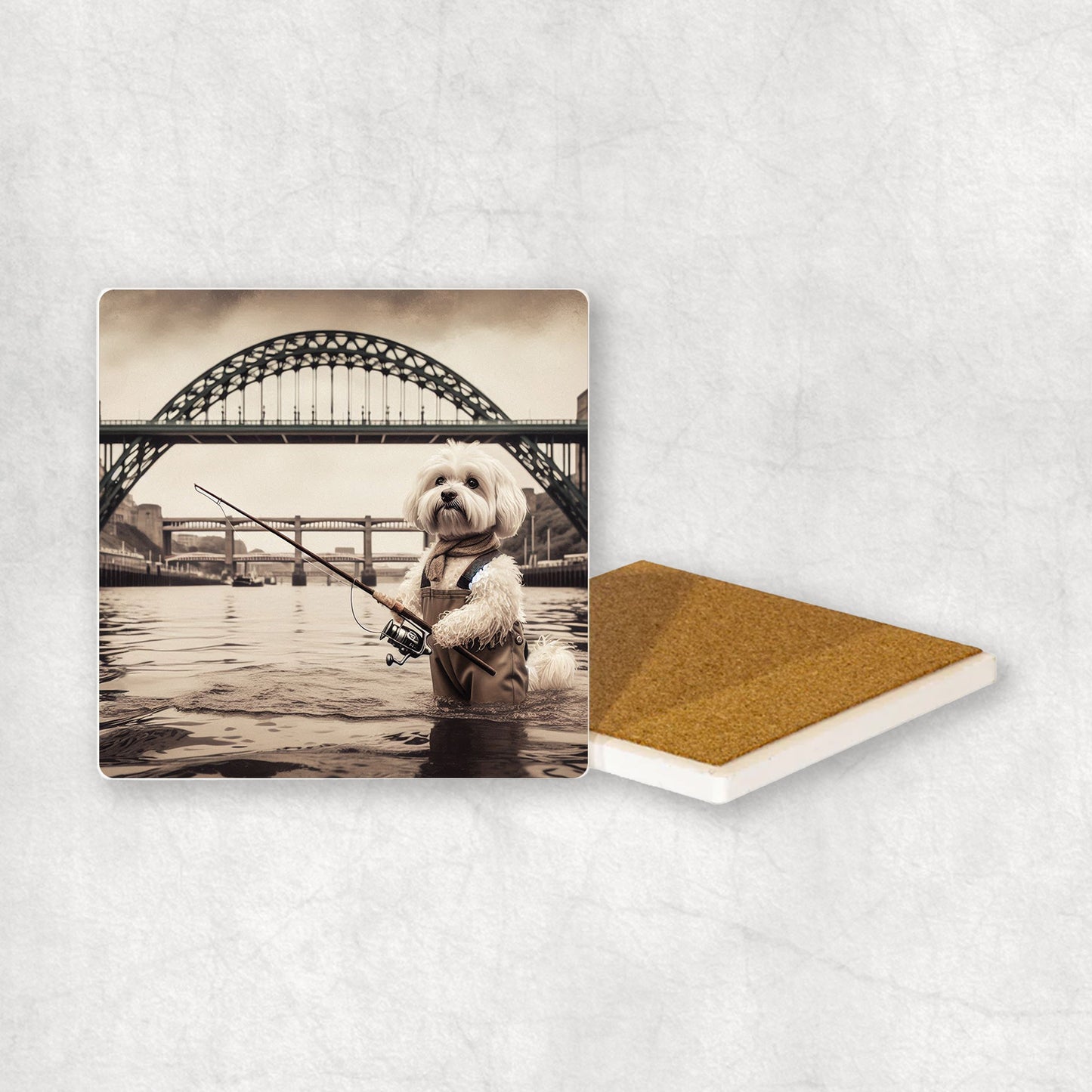Ceramic Coaster gift with a Maltese dog design, dressed in an Angler costume, fishing in the Tyne river, with Newcastle bridges in the background.