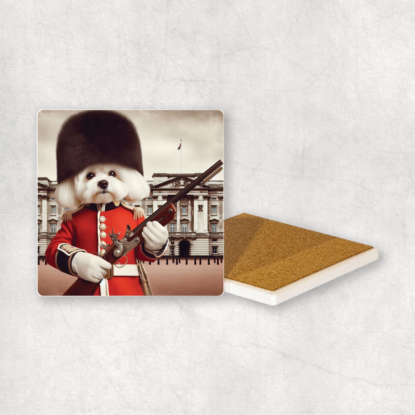 Ceramic Coaster gift with a Maltese dog design, wearing British guard costume, holding a gun, with Buckingham Palace in the background.