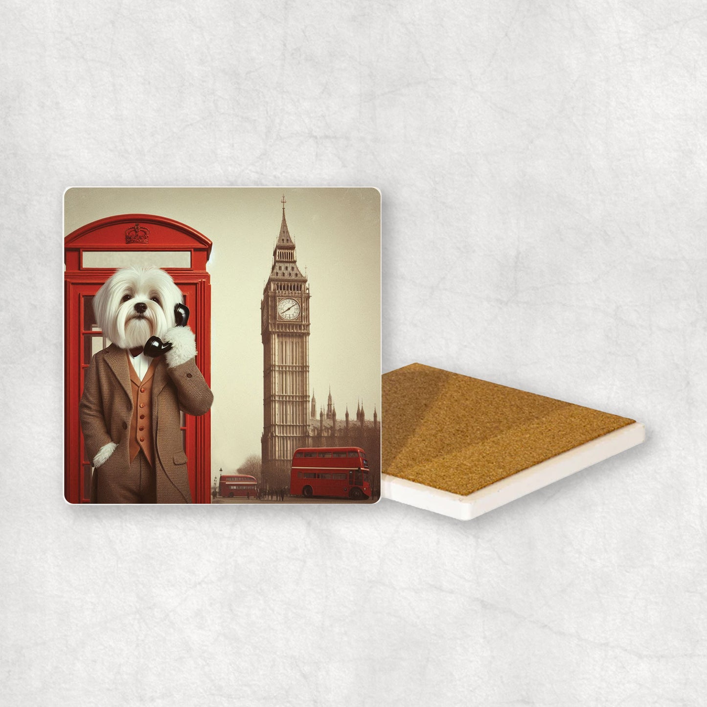 Ceramic coaster gift with a Maltese dog design, wearing a suit, talks on the phone in a red telephone booth in London with Big Ben in the background.