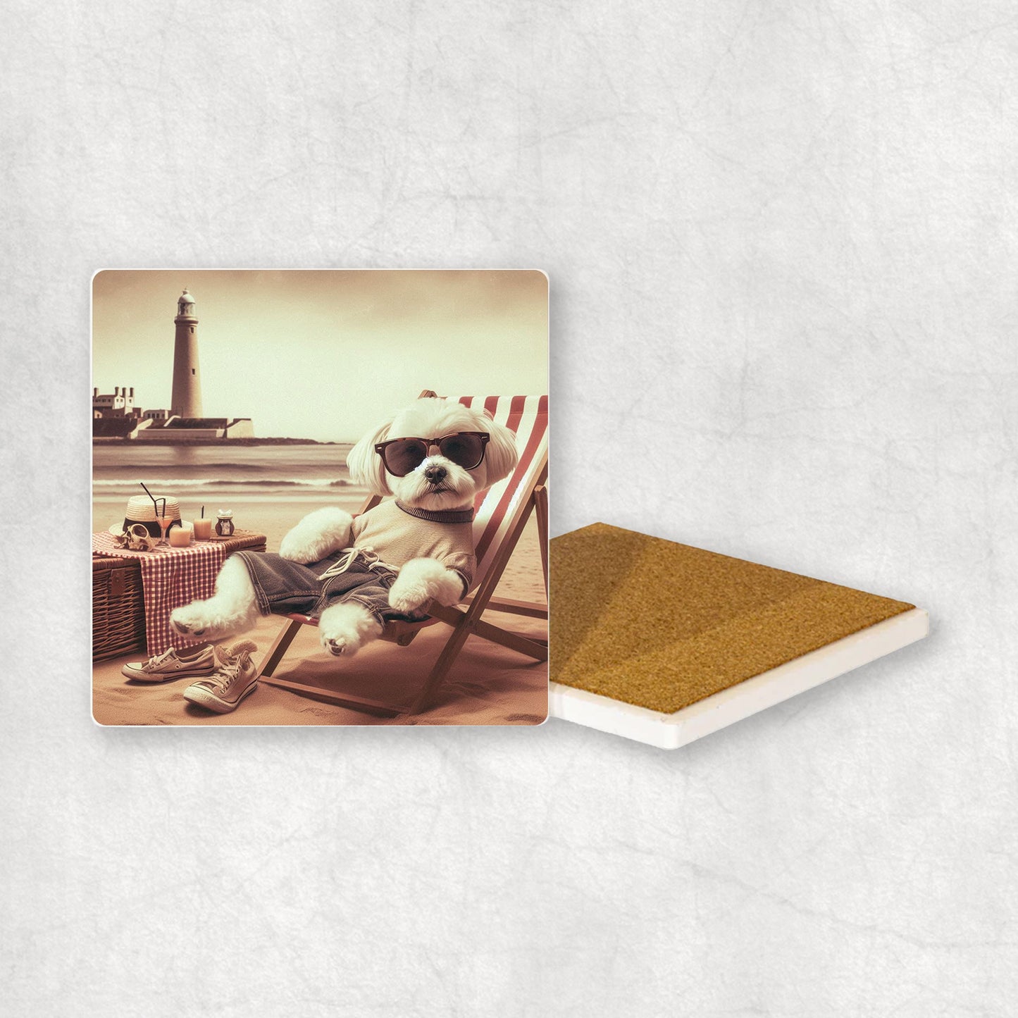 Ceramic Coaster gift with a Maltese dog design, wearing shorts, relaxes on a beach lounger at Whitley Bay with a lighthouse in the background.