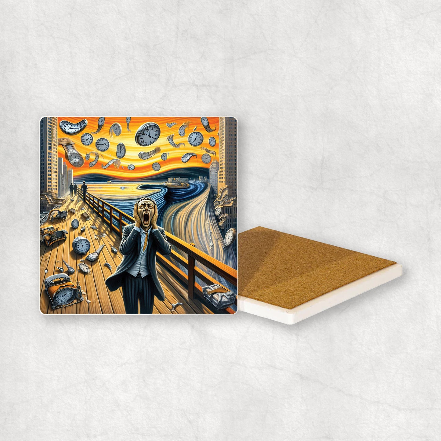Art-themed ceramic coaster with a Scream style and flying clocks design, an original gift for any occasion.