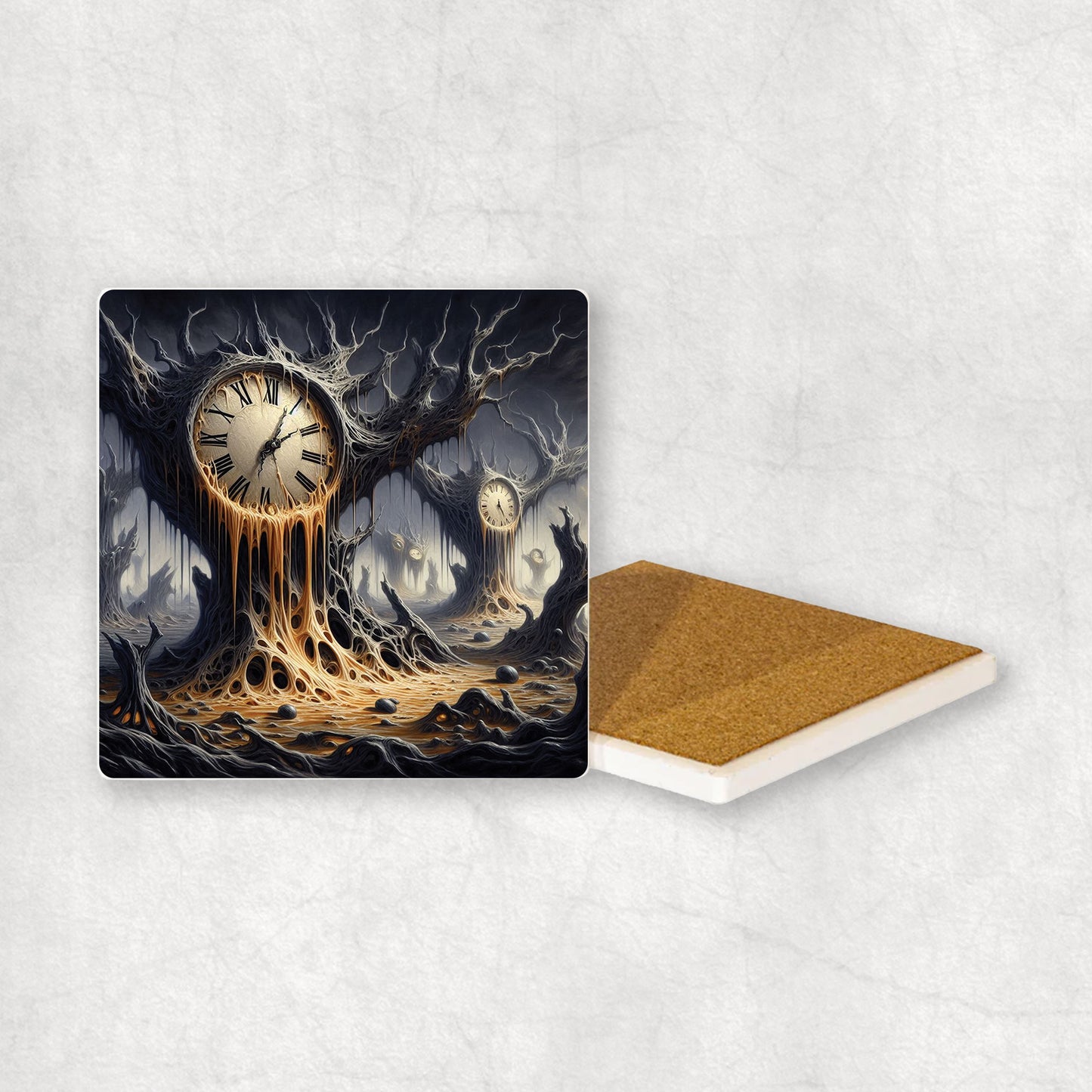 Art-themed ceramic coaster with a dark Persistence of Memoty style design, an original gift for any occasion.