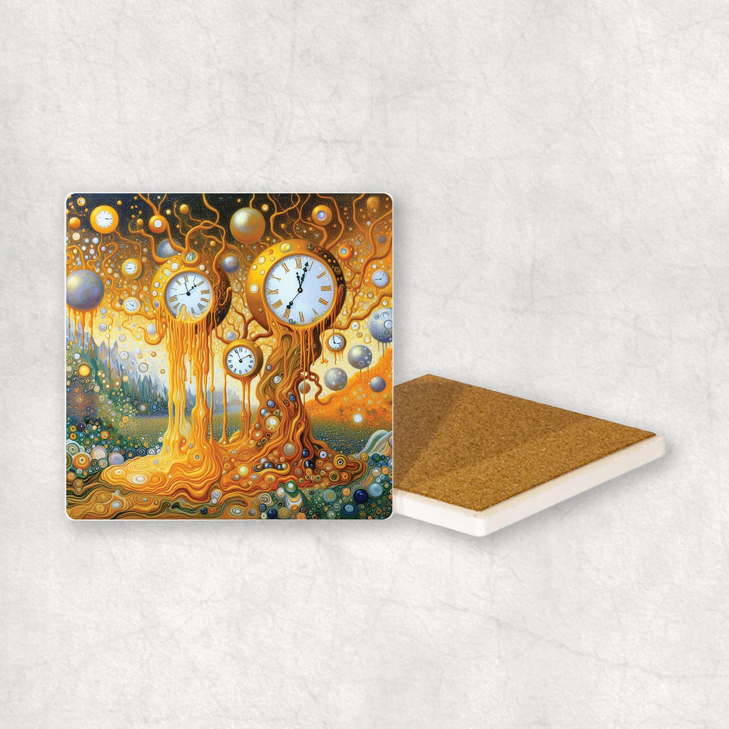 Art-themed ceramic coaster with a gold Persistence of Memoty style design, an original gift for any occasion.