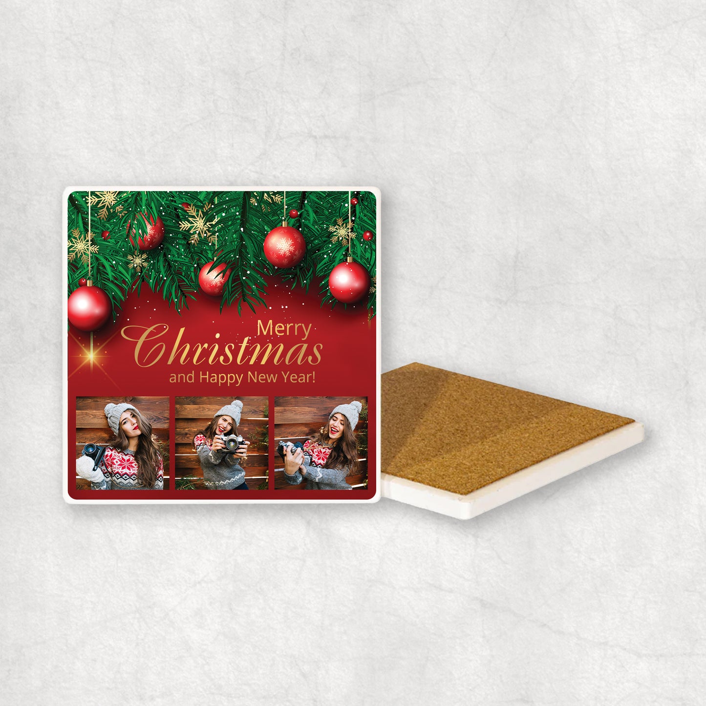 Personalised photo collage with Merry Christmas and Happy New Year text printed on a festive red background.