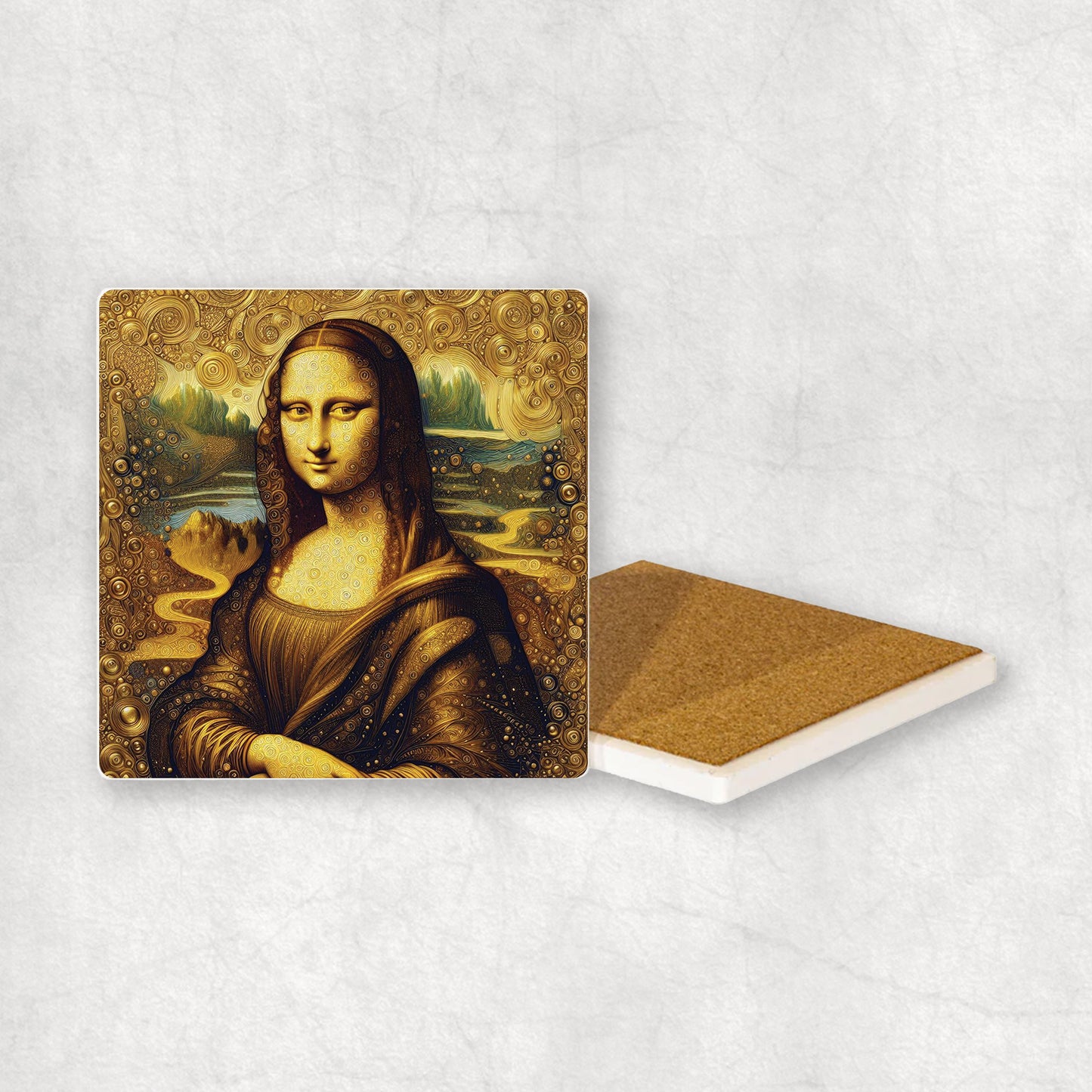 Art-themed ceramic coaster with a dgold & brown mona lisa style design, original gift for any occasion.