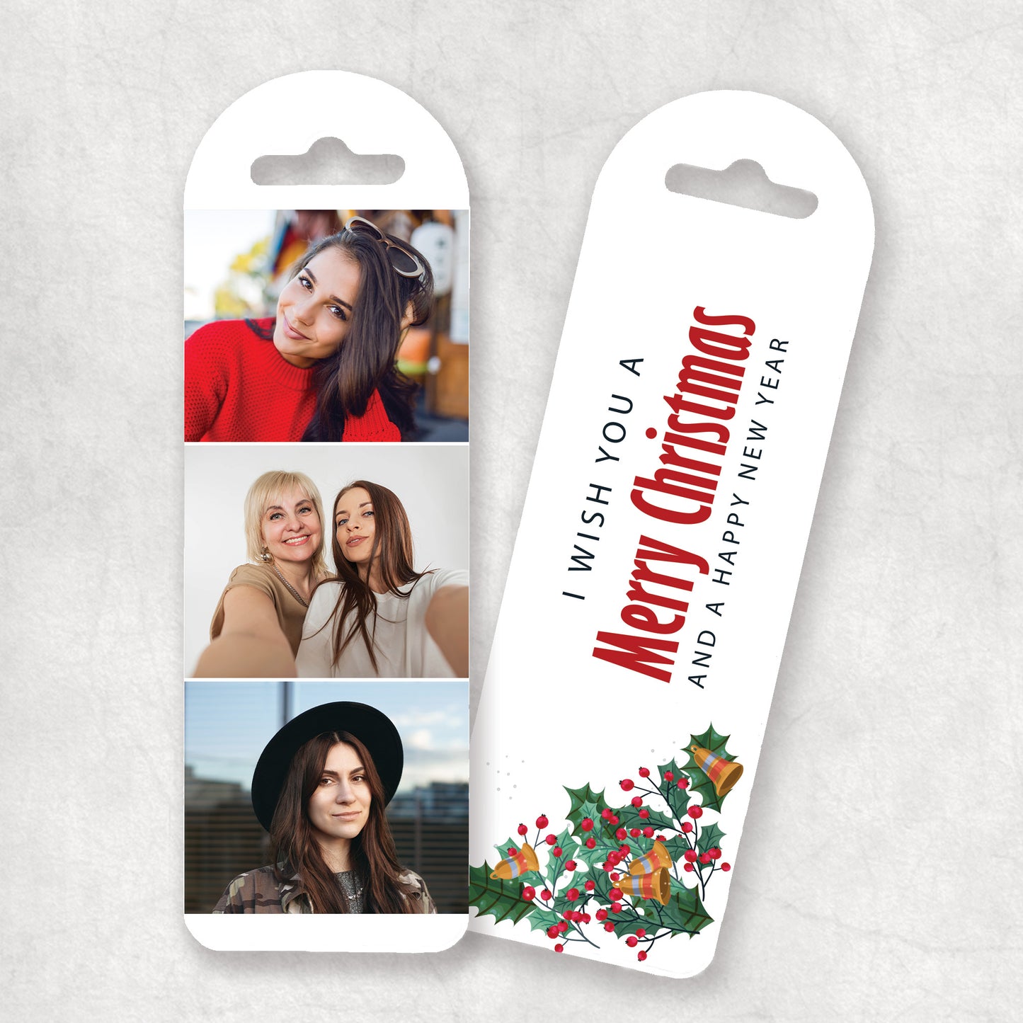 Personalised bookmark with tree photos on the front and 'I wish you a Merry Christmas and a Happy New Year' text on the back with christmas design.