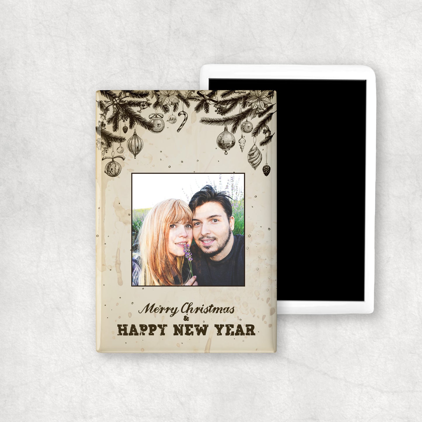 Personalised ceramic magnet with a photo and Christmas frame design.