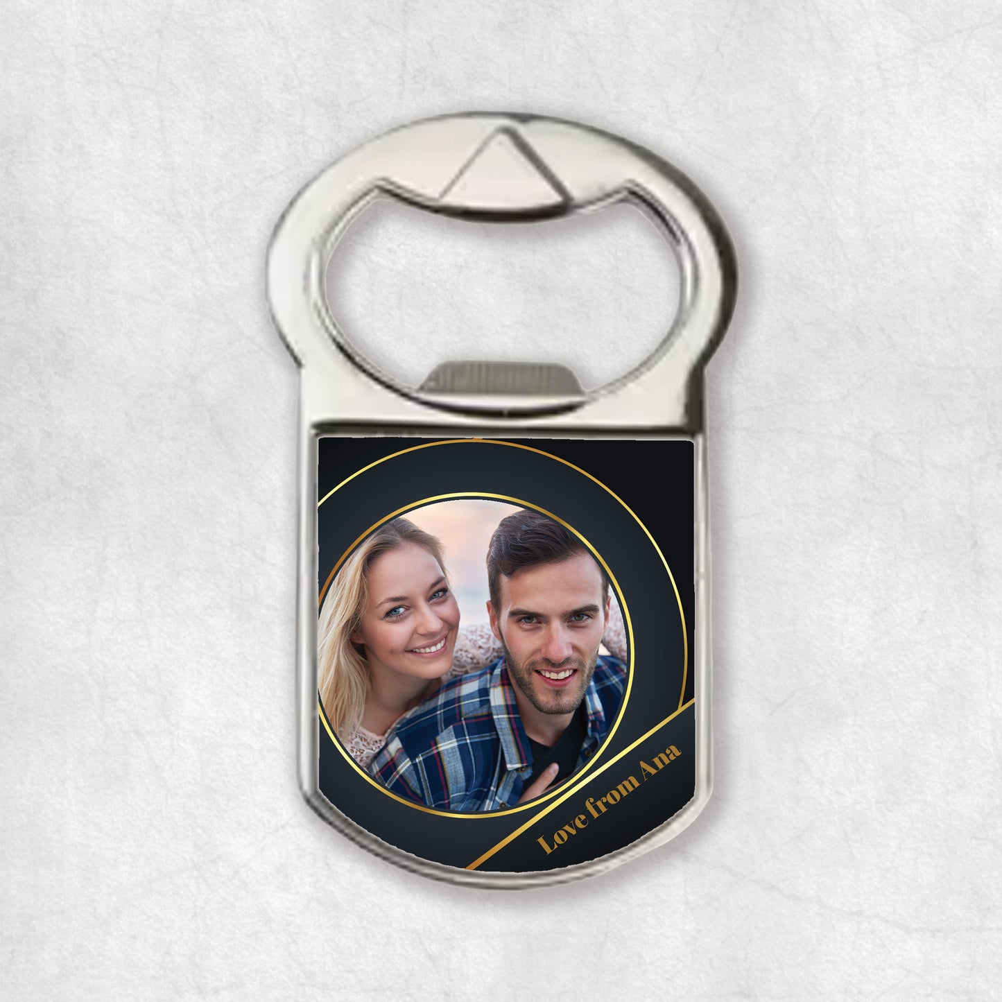 A personalized photo bottle opener magnet with photo printed on it, including text with a name.