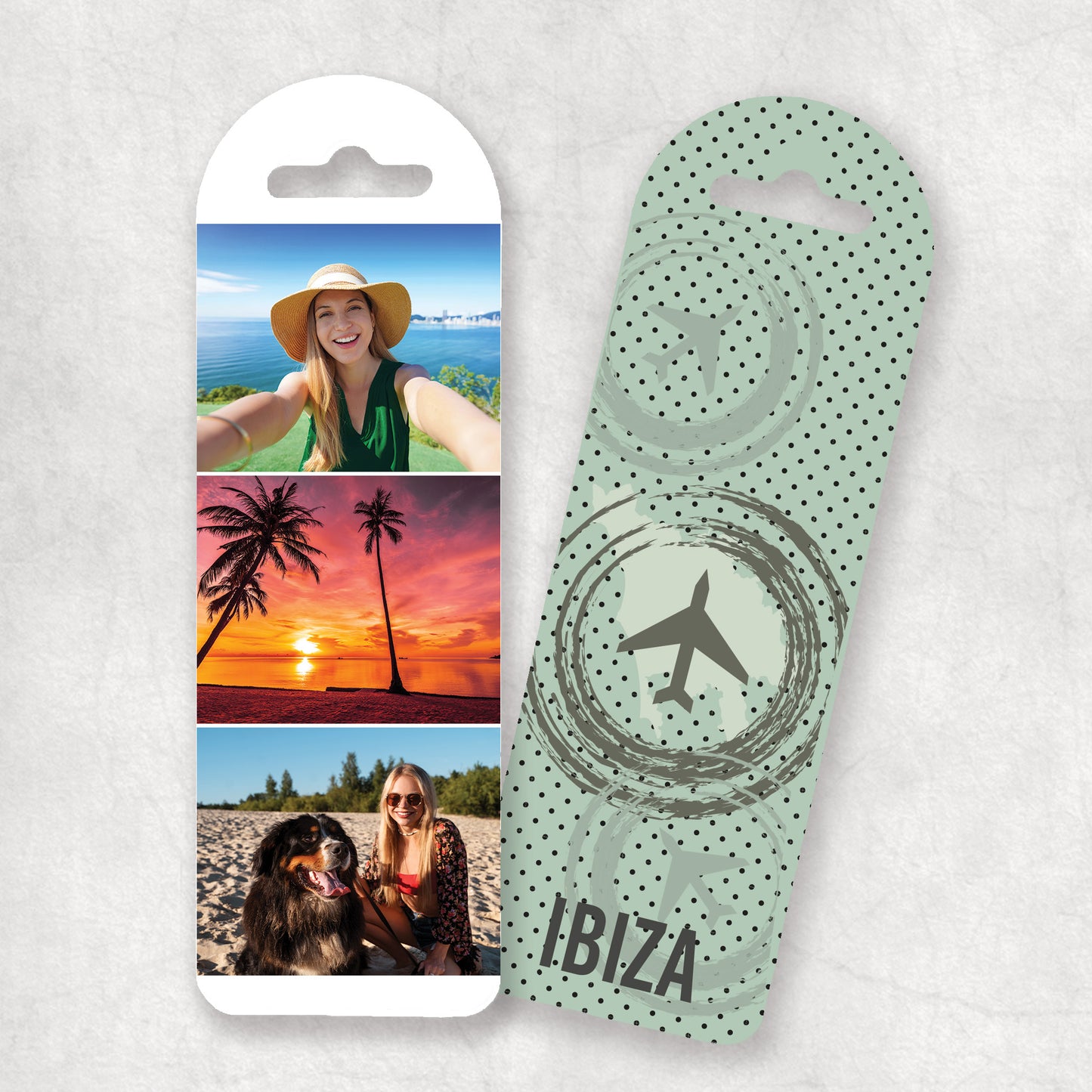 A personalised photo collage bookmark with a green dotted pattern and your hiliday destination printed on the back, the perfect gift for any occasion.