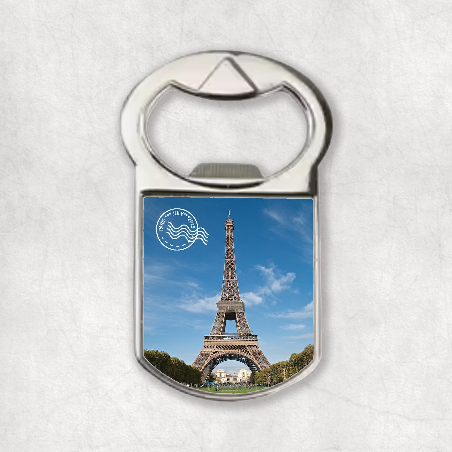 Personalised photo bottle opener magnet with a custom white stamp (whit date and location), the perfect gift for any occasion.