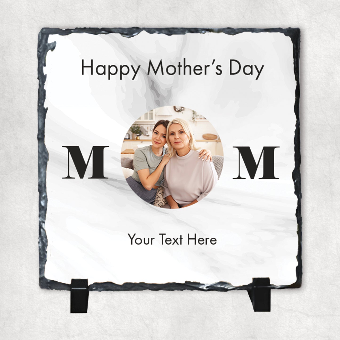 A personalized photo rock slate with a personalised text, glossy finish, displaying a photo and text, with a stand included.