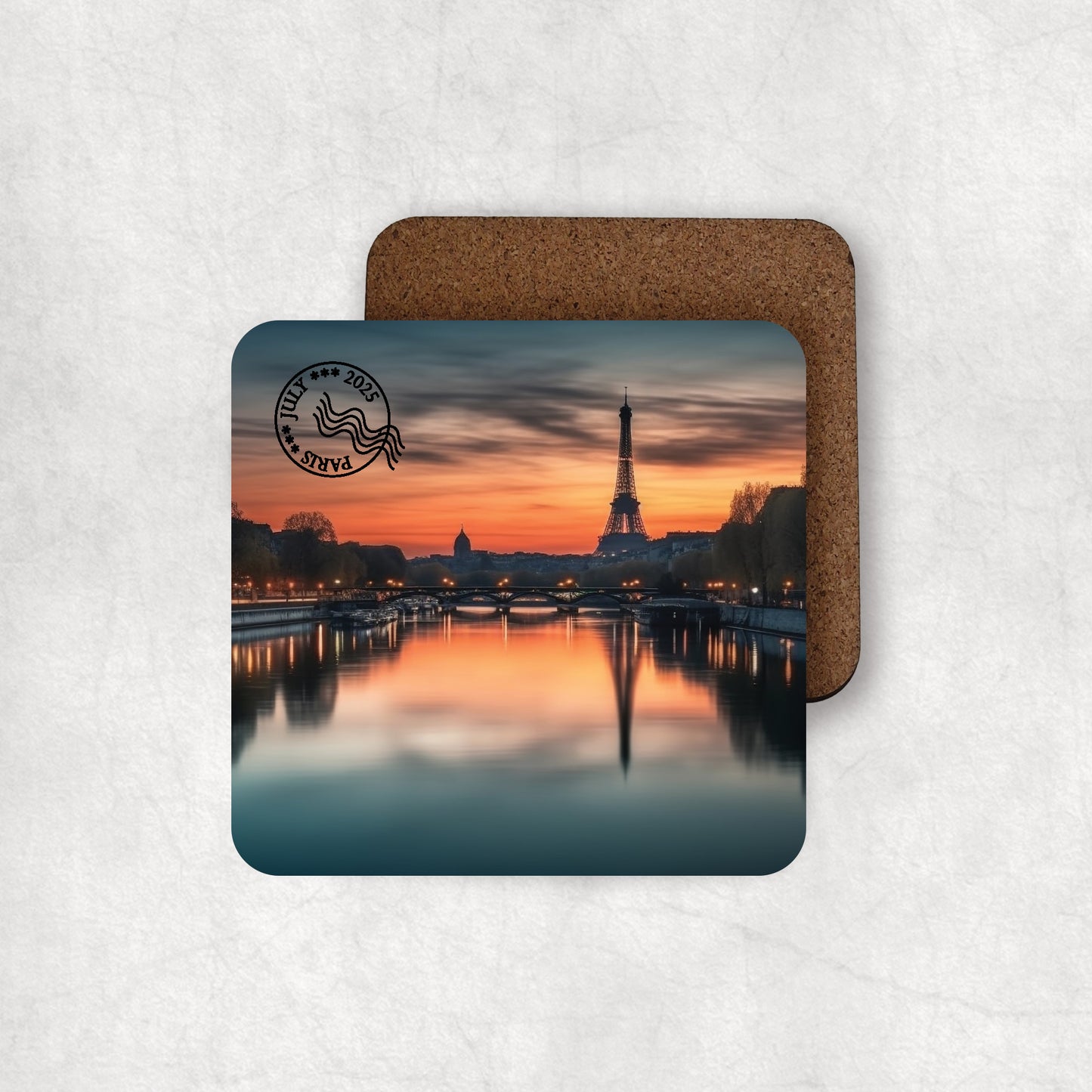 Personalised photo MDF Coaster with a custom black stamp with the destination place and date.