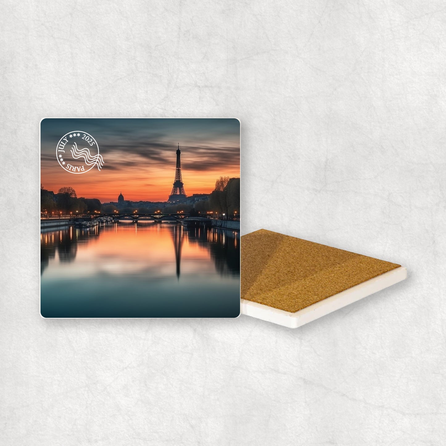 Ceramic Coaster with personalised photo and personalised white stamp with date and place name.