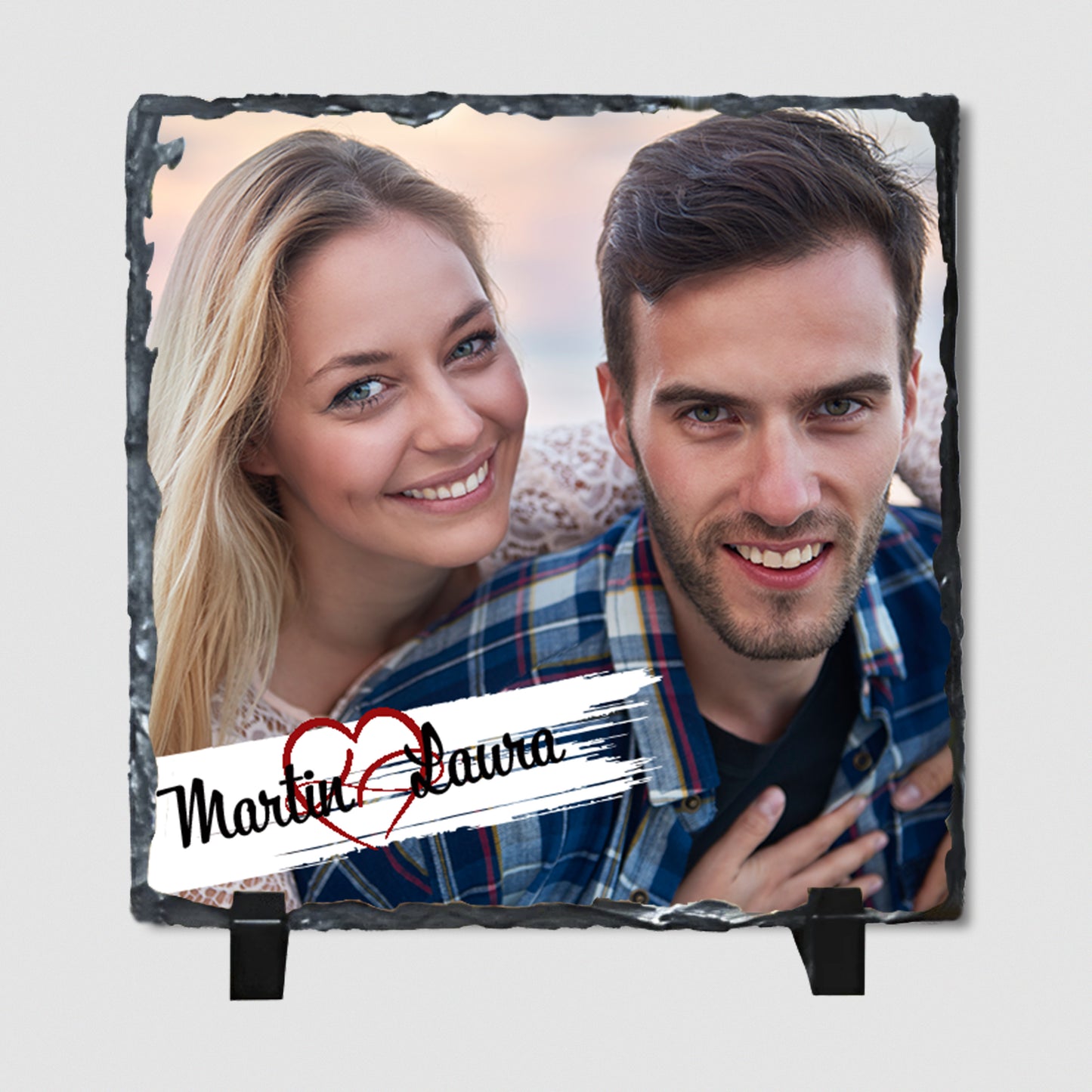 A custom photo rock slate with a personalised photo and space for names with red heart between.