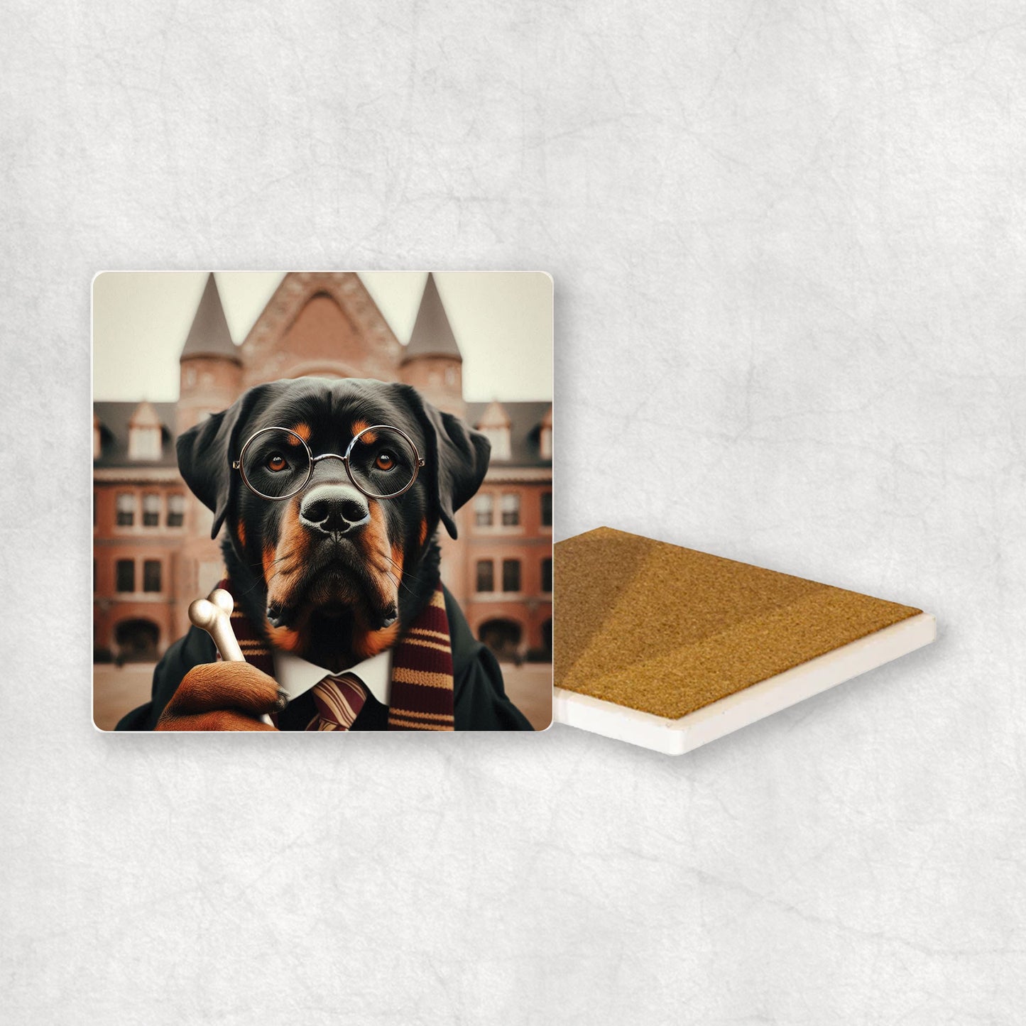 Ceramic Coaster gift with a Rottweiler dog design wearing a student's gown, glasses, and the university in the background.