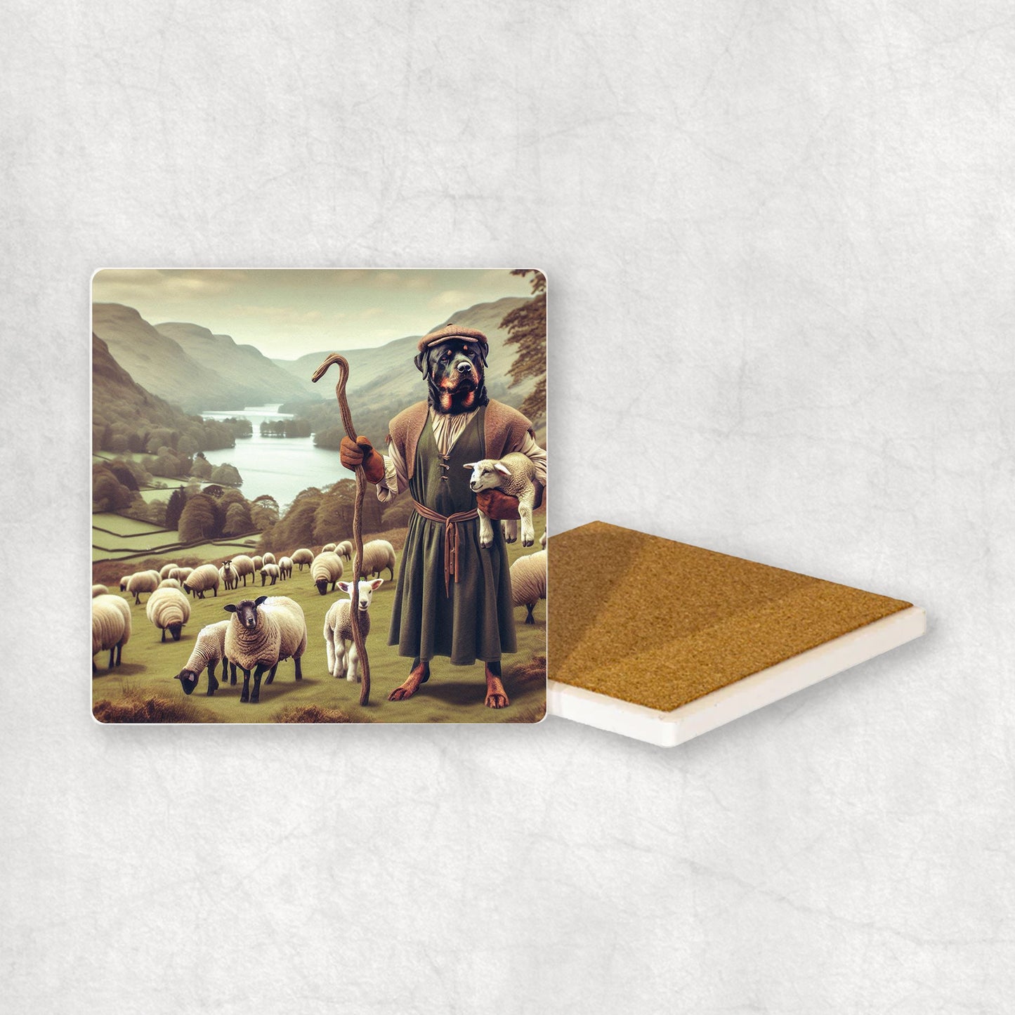 Ceramic Coaster gift with a Rottweiler dog design, looking like a shepherd, with sheep and the Lake District in the background.