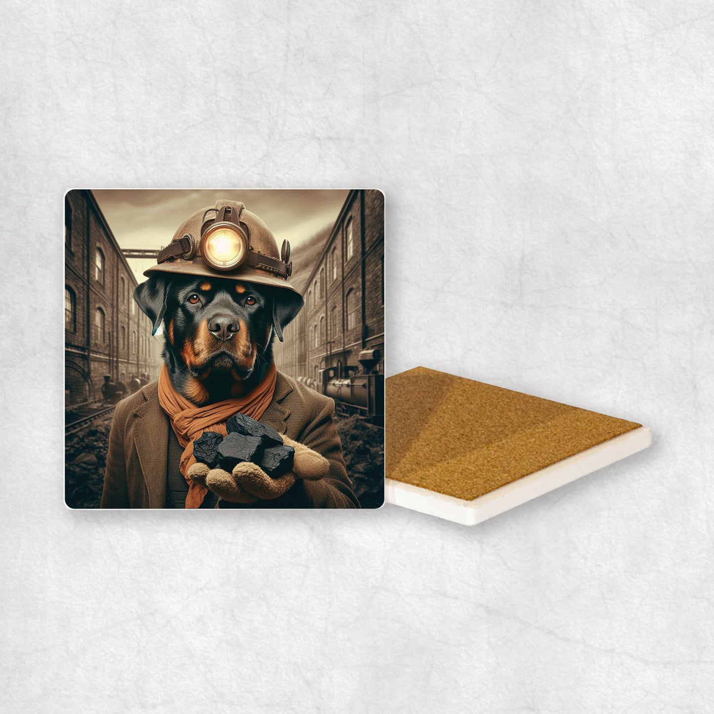 Ceramic Coaster gift with a Rottweiler dog design, dressed like a miner with coal in its paw, with a mine in the background.