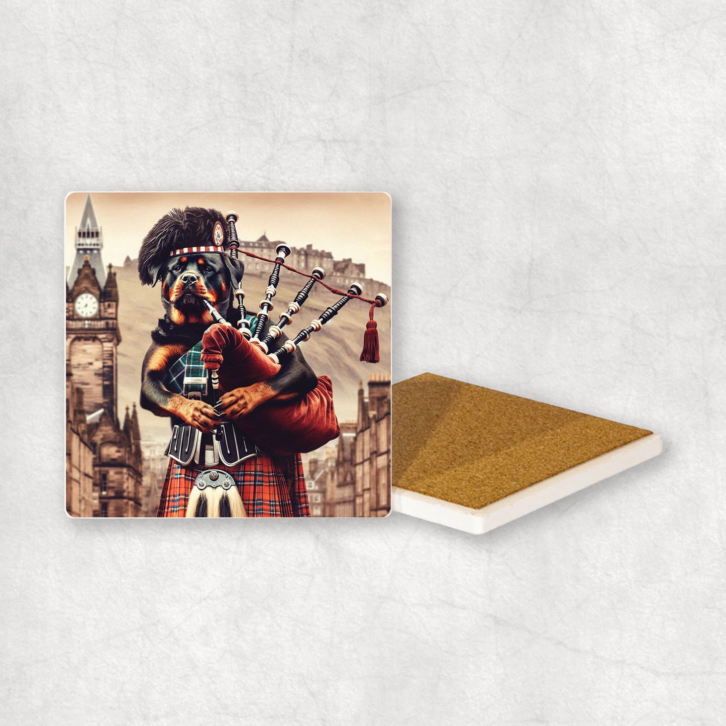 Ceramic Coaster gift with a Rottweiler dog design, dressed in traditional Scottish costume, playing the bagpipes, with Edinburgh in the background.