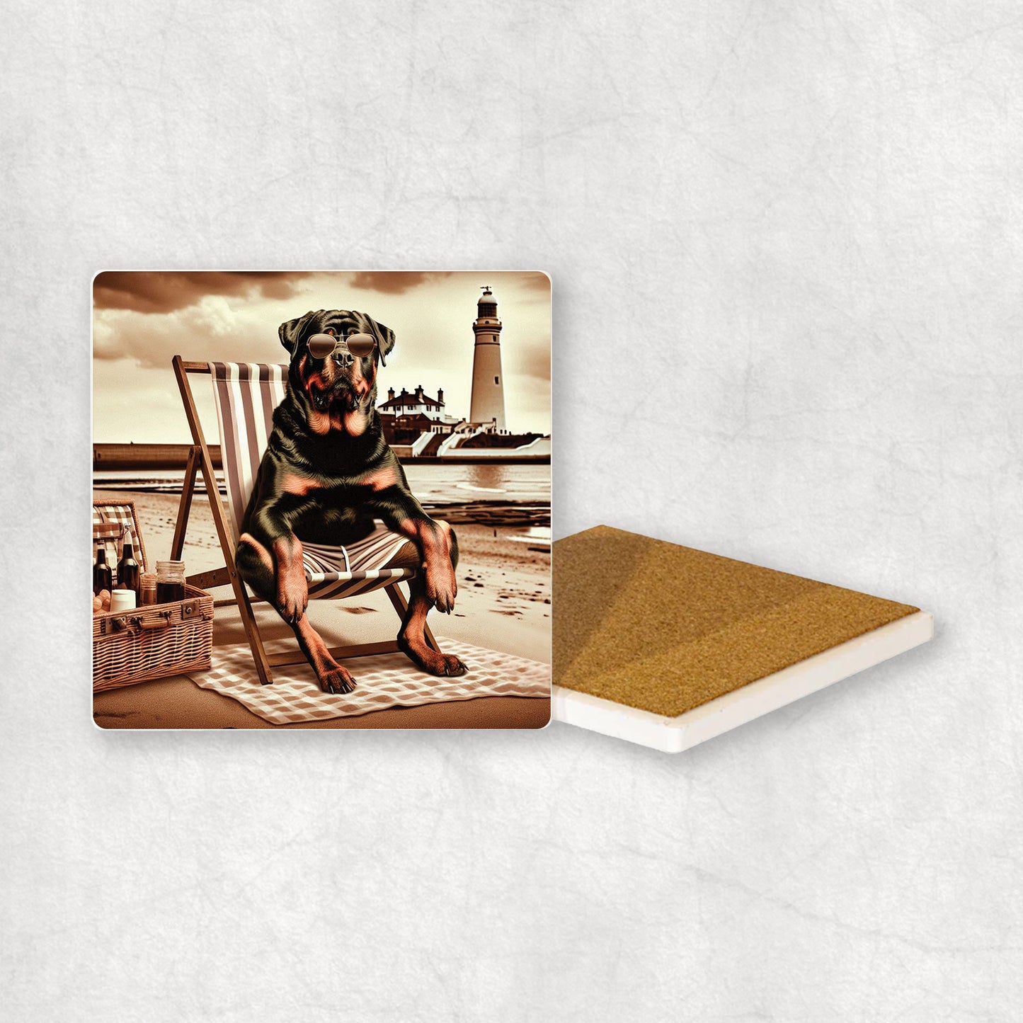 Ceramic Coaster gift with a Rottweiler dog design, wearing shorts, relaxes on a beach lounger at Whitley Bay with a lighthouse in the background.