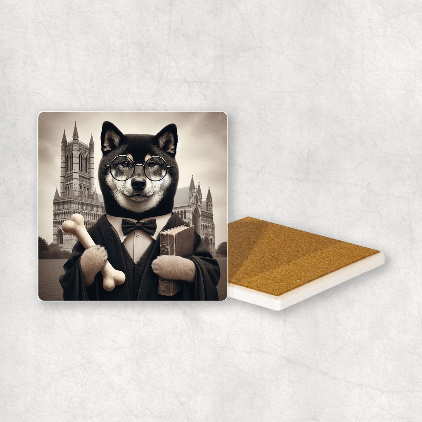 Ceramic Coaster gift with a Shiba Inu dog design wearing a student's gown, glasses, holding a bone and a book in its paws, with the university in the background.