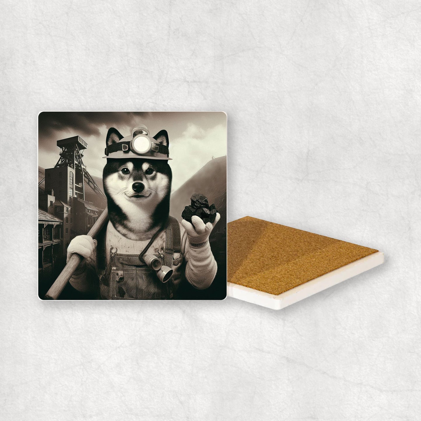 Ceramic Coaster gift with a Shiba Inu dog design, dressed like a miner with a coal in its paws, with a mine in the background.