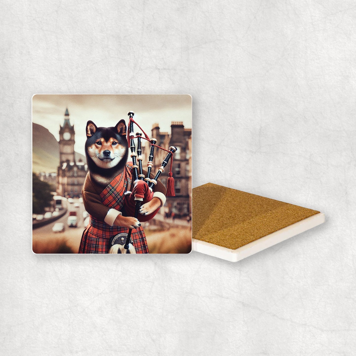 Ceramic Coaster gift with a Shiba Inu dog design, dressed in traditional Scottish costume, playing the bagpipes, with Edinburgh in the background.