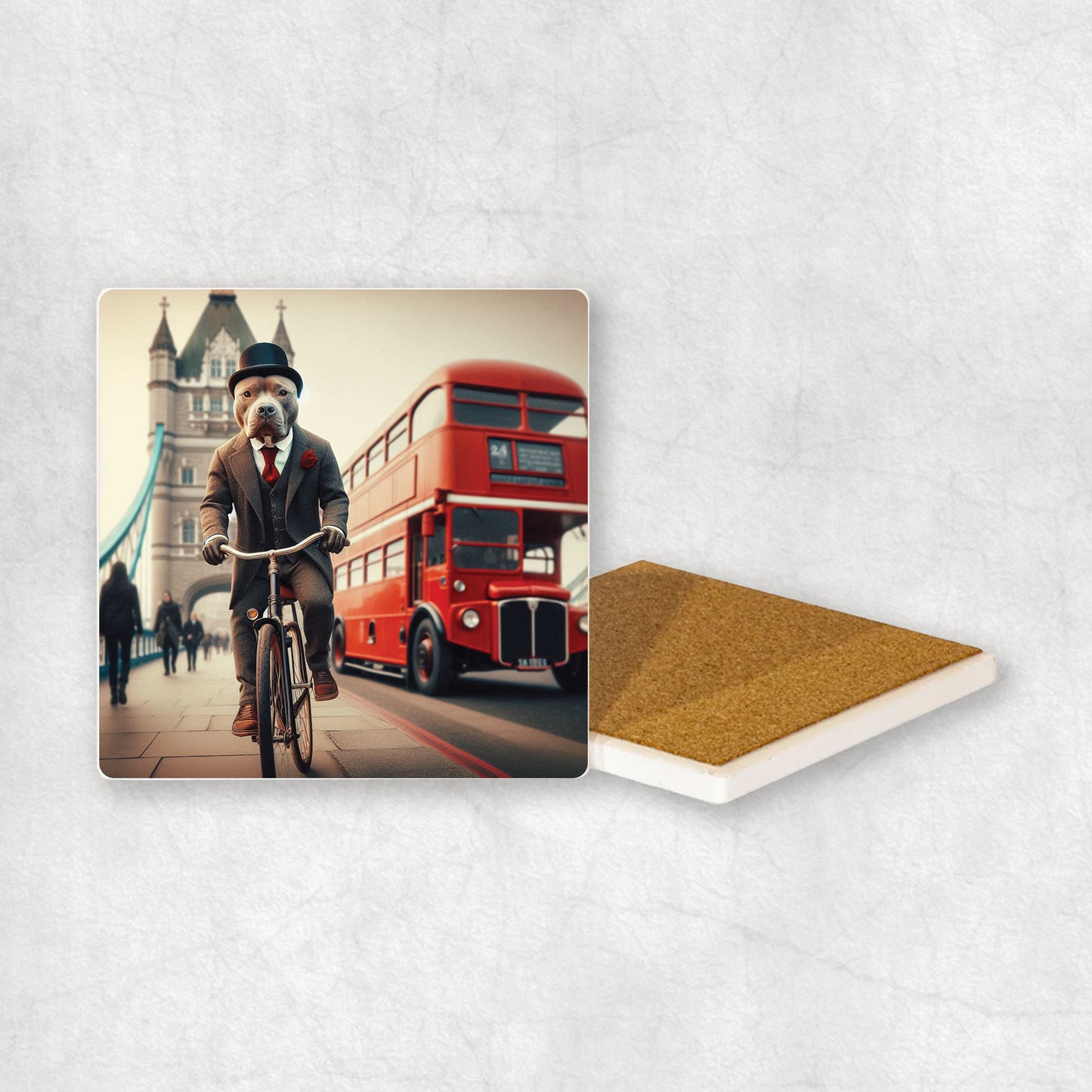 Ceramic coaster with a Staffordshire Bull Terrier dog design, dressed in a suit, riding a bike on the Clifton Suspension Bridge.