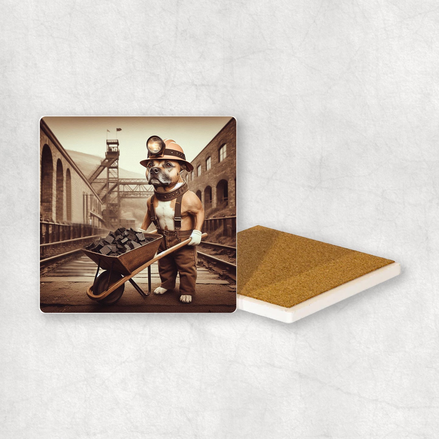 Ceramic Coaster gift with a Staffordshire Bull Terrier dog design, dressed like a miner, with a mine in the background.