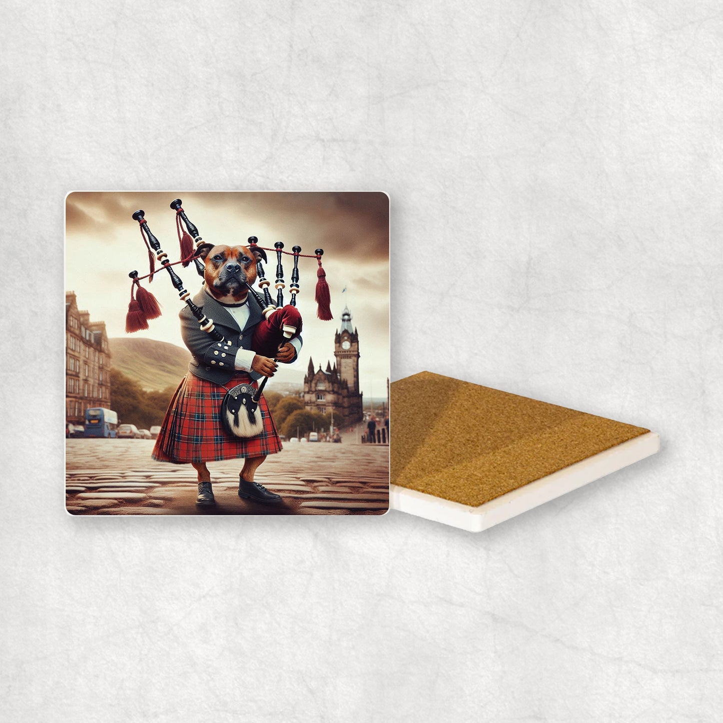 Ceramic Coaster gift with a Staffordshire Bull Terrier dog design, dressed in traditional Scottish costume, playing the bagpipes, with Edinburgh in the background.