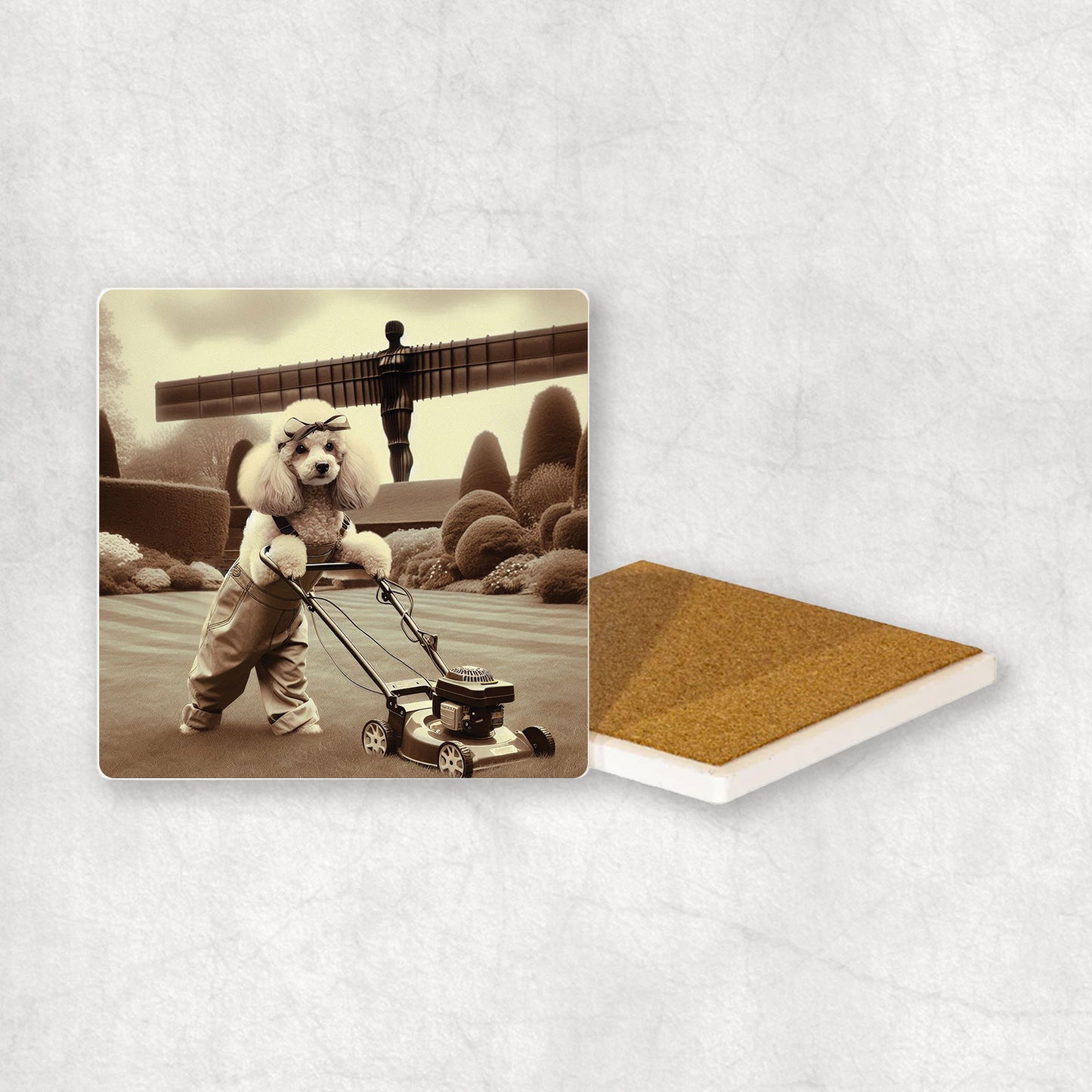 Ceramic coaster gift with a White Poodle dog design, dressed as a gardener, mowing the grass with a lawnmower, with the Angel of the North in the background.