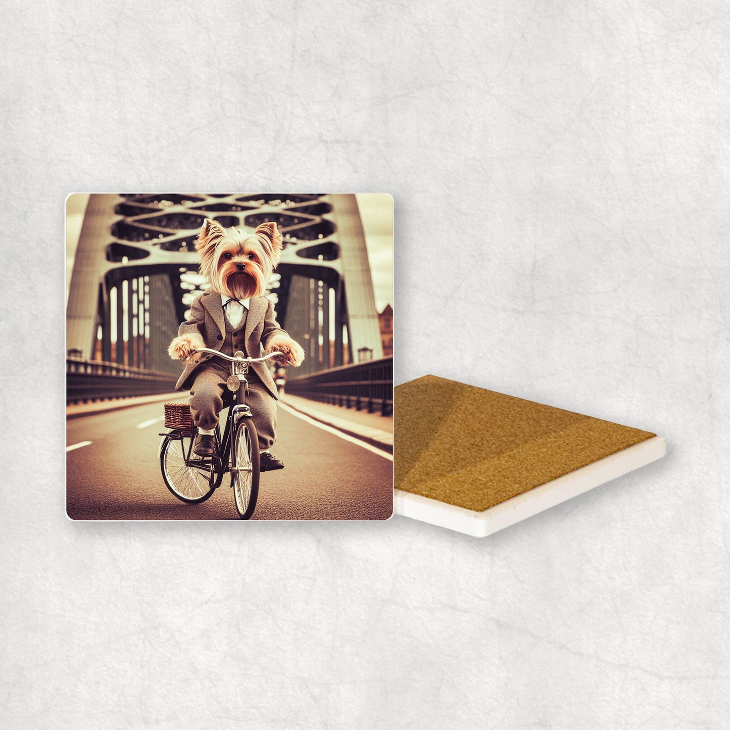 Ceramic coaster with a Yorkshire Terrier dog design, dressed in a suit, riding a bike on the Bridge.