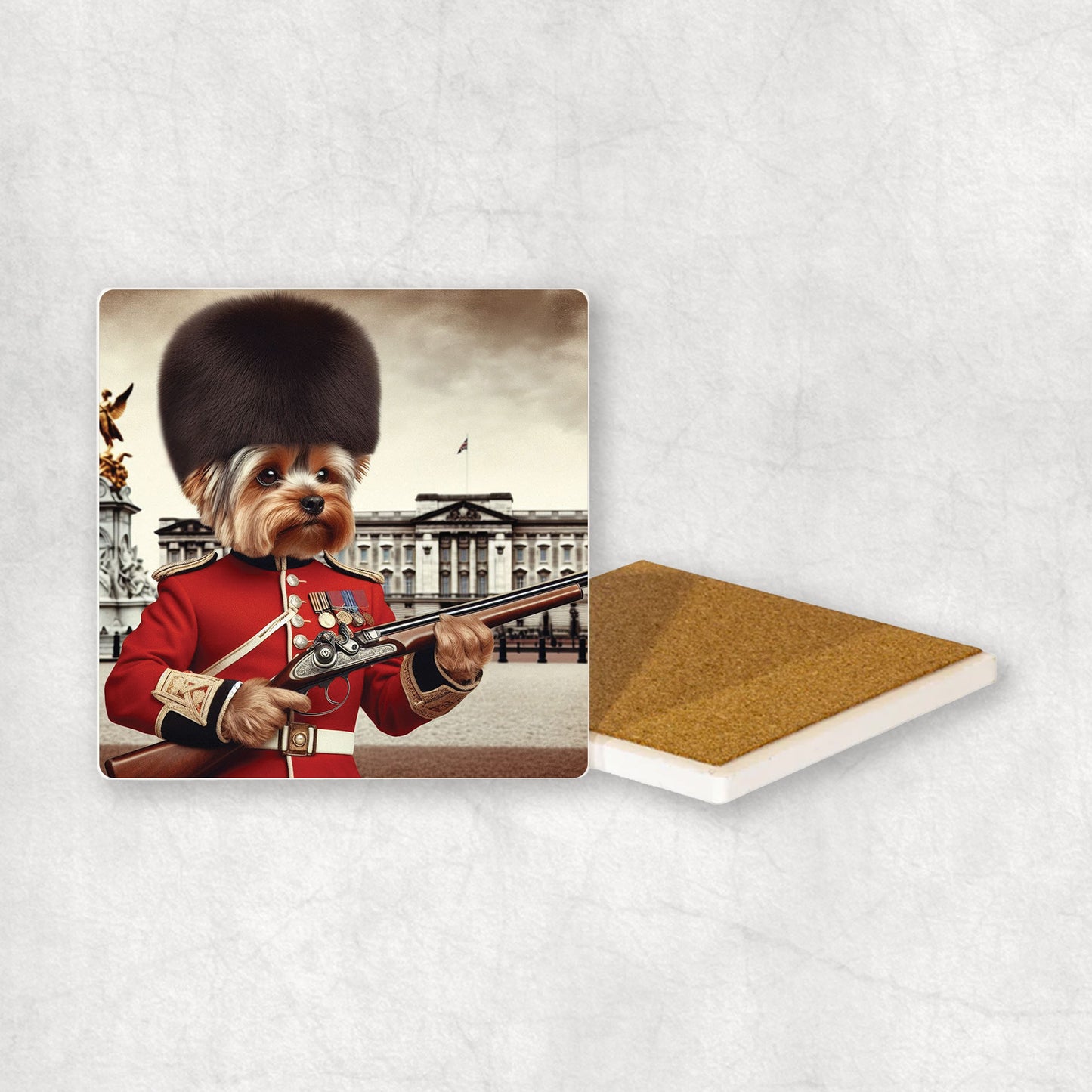 Ceramic Coaster gift with a Yorkshire Bull Terrier dog design, wearing British guard costume with Buckingham Palace in the background.