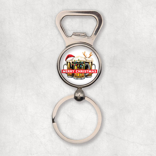 Bottle Opener Keyring with 3 Christmas Beers and Merry Christmas text.