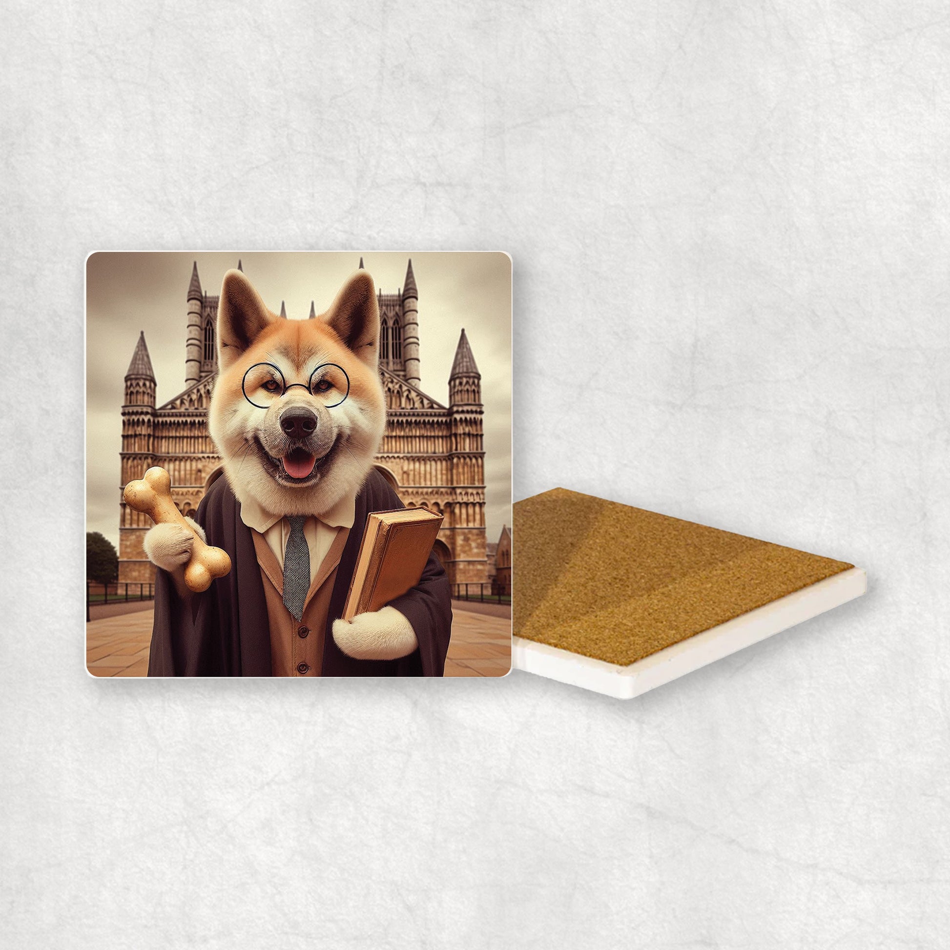 Ceramic Coaster gift with a dog design wearing a student's gown, glasses, and the university in the background.