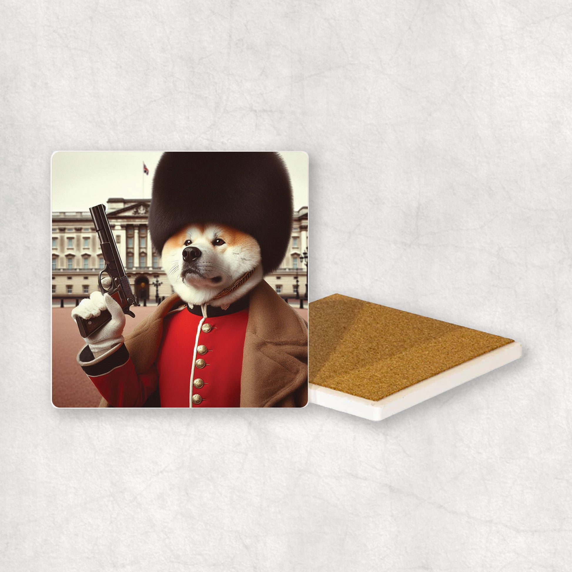 Ceramic Coaster with a dog in a British guard costume on a Palace background. 