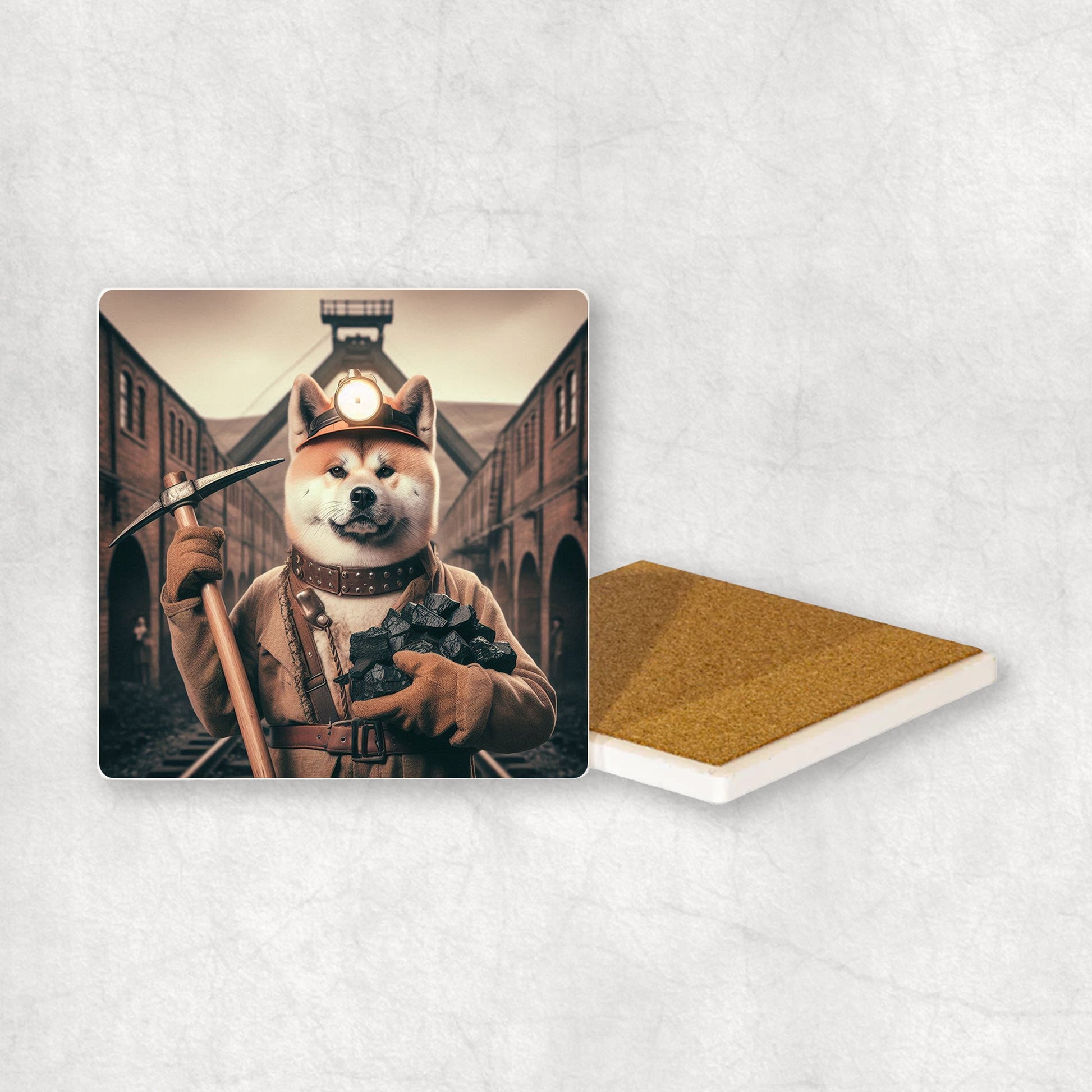Ceramic coaster with a dog design dressed like a miner with a pickaxe and coal in its paws, with a mine in the background.