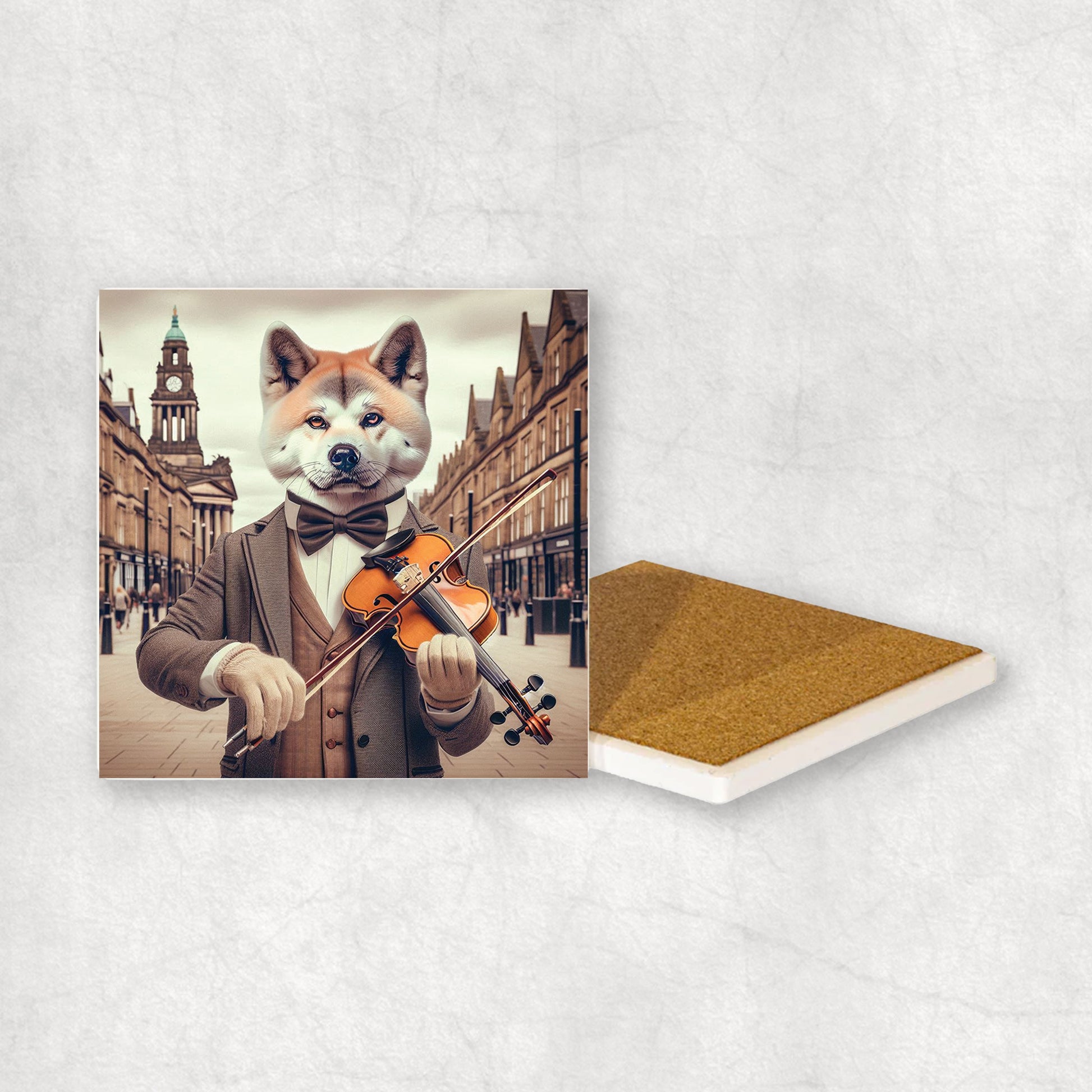 Ceramic coaster with an Akita dog design dressed like a musician, playing the violin, with a beautiful city centre in the background.