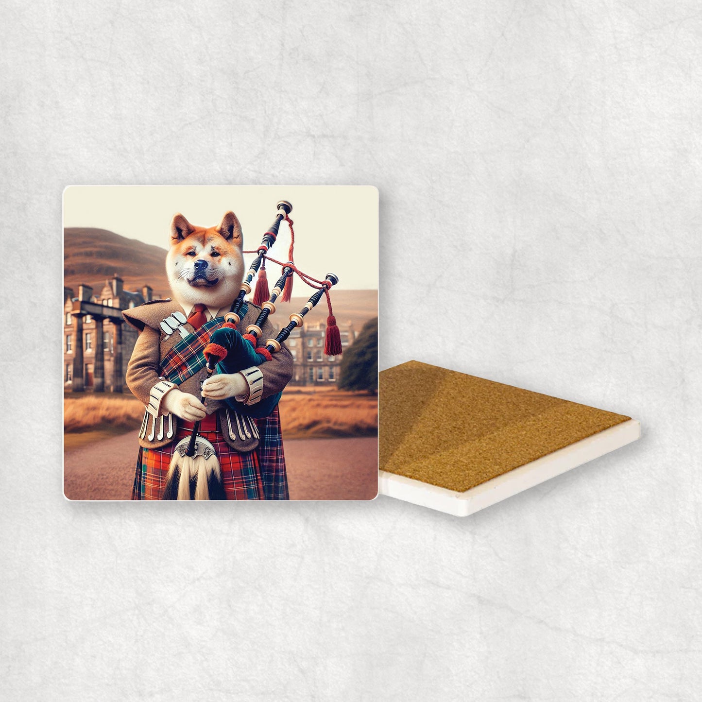 Ceramic coaster with an Akita dog design dressed in traditional Scottish costume, playing the bagpipes, with Edinburgh in the background.