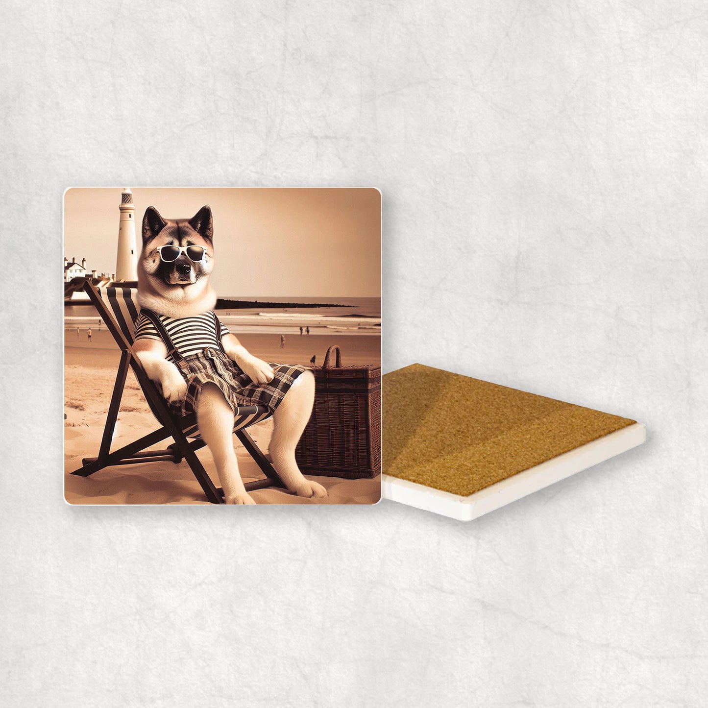 An Akita dog relaxes on a beach lounger at Whitley Bay with a lighthouse in the background.