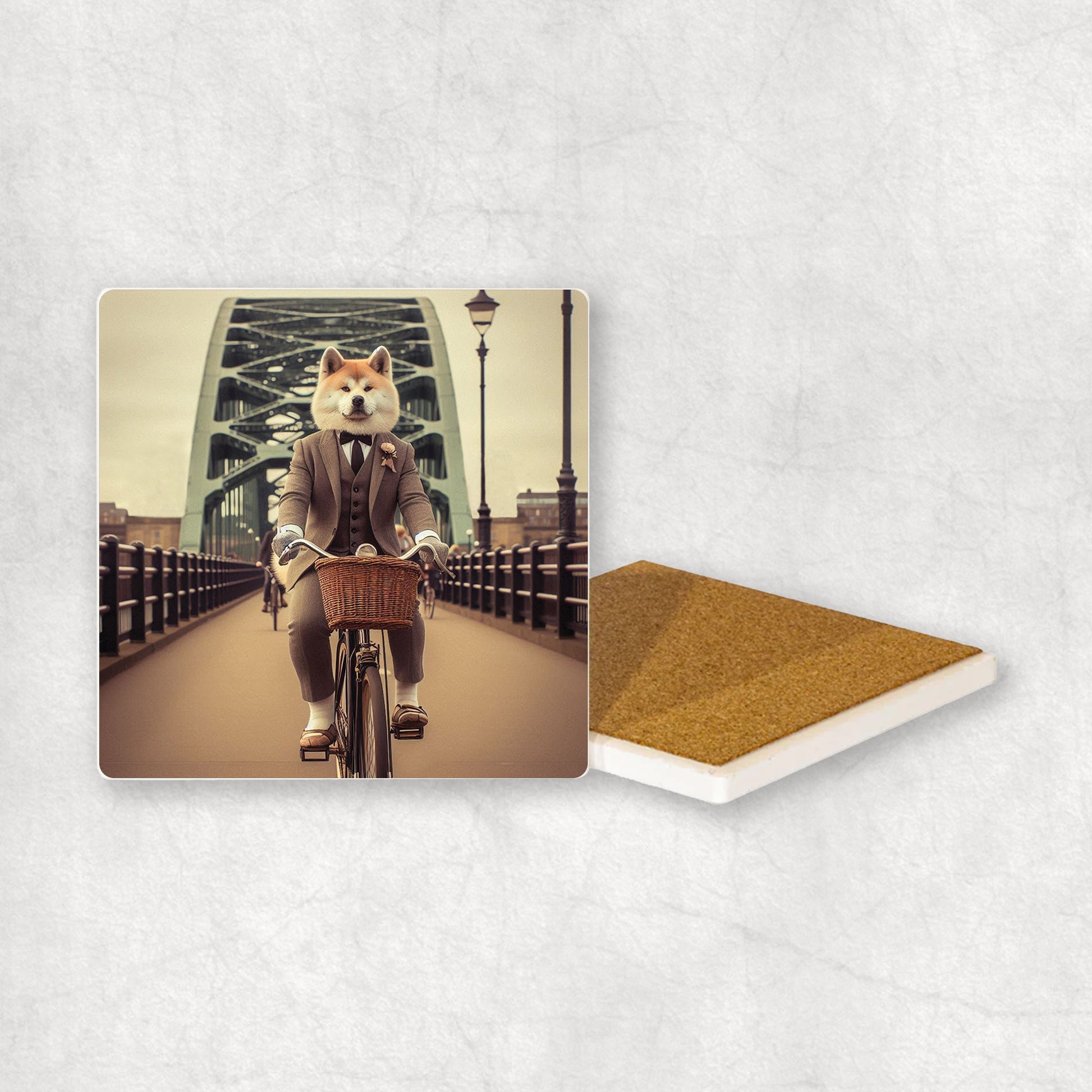 An Akita dog dressed in a suit riding a bike on a bridge in Newcastle Upon Tyne. 