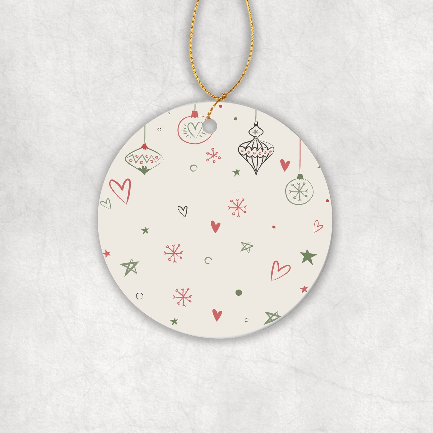 Ceramic round decorative ornament with festive patterns on a white background