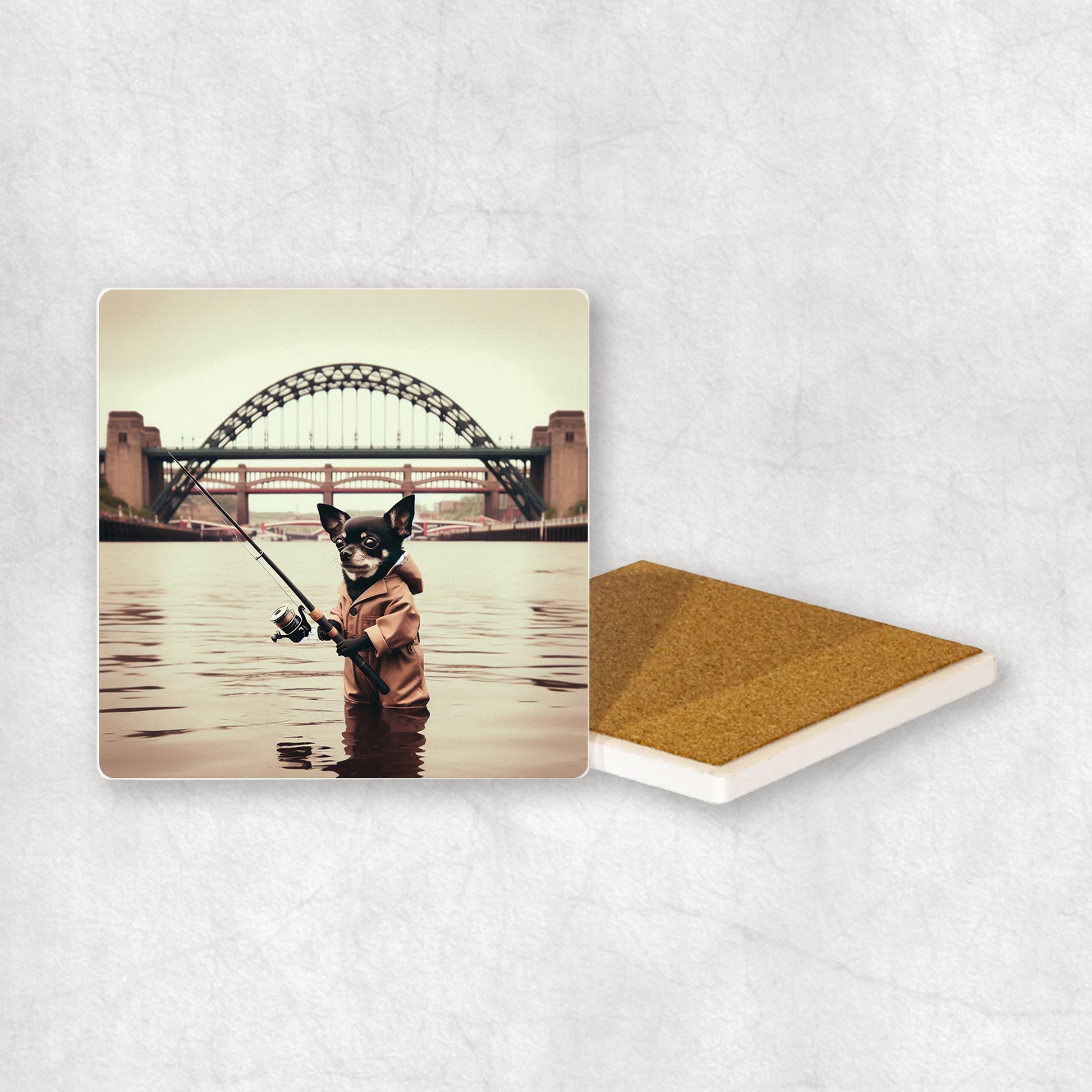 Ceramic Coaster gift with a Black Chihuahua dog design, dressed in an Angler costume, fishing in the Tyne river, with Newcastle bridges in the background.