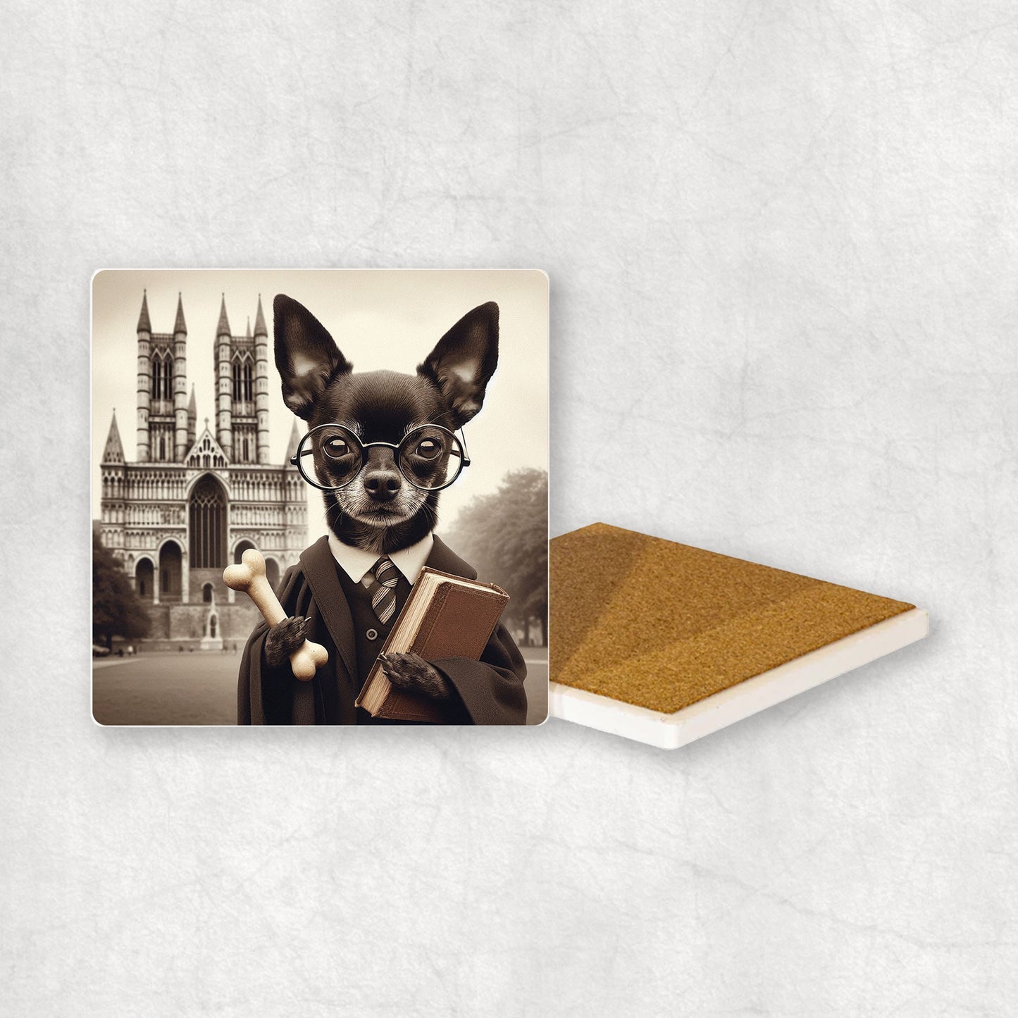 Ceramic Coaster gift with a Black Chihuahua dog design wearing a student's gown, glasses, and the university in the background.